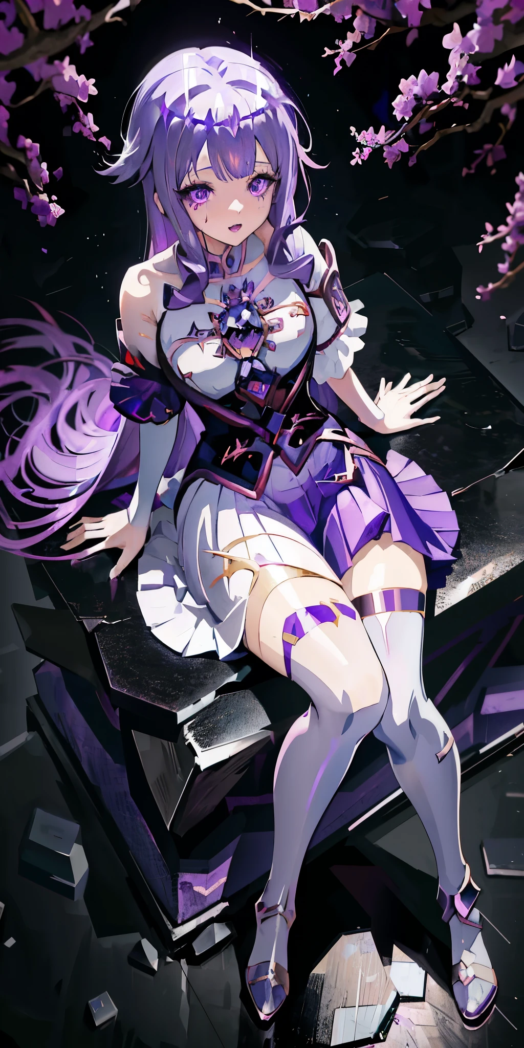 Anime girl with purple hair and purple skirt sitting on the stone floor, Ayaka Genshin Impact, ahegao, Satya from Overlord, Purple eyes and white clothes, Cute anime girl in a beautiful skirt, anime goddess, Maintain your posture, splash art anime , With sparkling purple eyes, kushatkrentz women in critical art