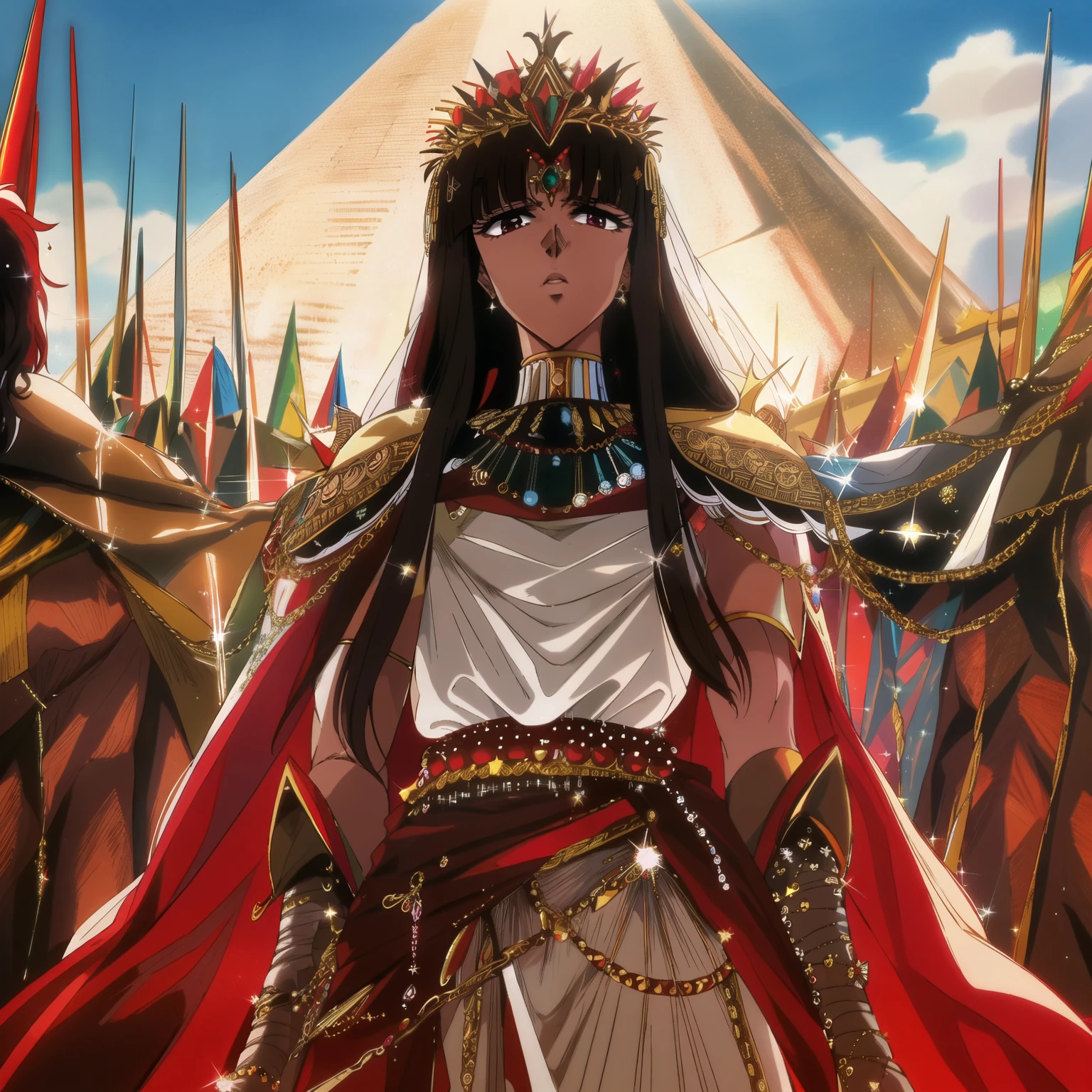 Cinematic angle view of full body ethereal macedonian queen with long straight dark hair and cut bangs wearing a beaded Cleopatra head covering and serpent crown. She is wearing a white and red crossover military style dress with a a royal cape transfixed next to the pyramids lifted on a palanquin by imperial guards.