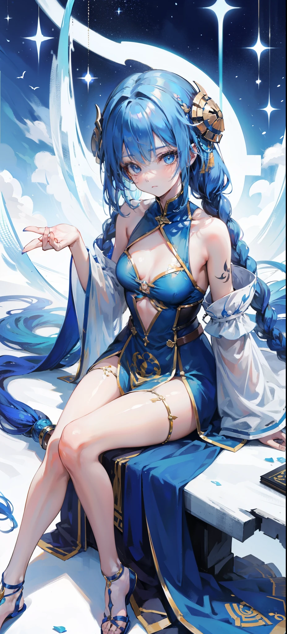 Blue long hair，Scorpion-tailed braids，Put on the clothes of the little dance of Douluo Continent，Is a beautiful and sweet girl Koser，（whole body）