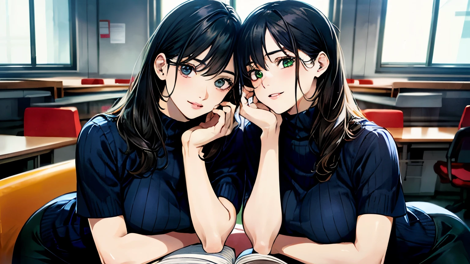 (masterpiece:1.3, highest quality, Ultra-high resolution, Super detailed), (Realistic, photoRealistic:1.4), Beautiful illustrations, Perfect lighting, Natural light, colorful, Depth of written boundary, 女性one person,Attractive legs,whole body,
View Viewer, whole body, Front view:0.6, 1 girl, 日Book語, office lady, 19 years old, Perfect Face, (Perfect Anatomy), Cute and symmetrical face, Baby Face, Shiny skin, , 
(Long Hair:1.7, Straight hair:1.2, Black Hair), Hair ween the eyes, Emerald green eyes, Long Eyelashes, (Big Breasts:0.8), mini skirt,Bookを持っている,
Beautiful Hair, Beautiful Face, Beautiful fine details, Beautiful clavicle, Beautiful body, Beautiful breasts, Beautiful thighs, Beautiful feet, Beautiful fingers, 
((Short sleeve navy high neck sweater), ID card), 
(Beautiful views), Daytime, (Office Lounge),, (Smile, Half an eye, Lips parted),Bookを持っている,whole body,mini skirt,one person,whole body,Attractive legs,Book,Book,whole body,Attractive legs