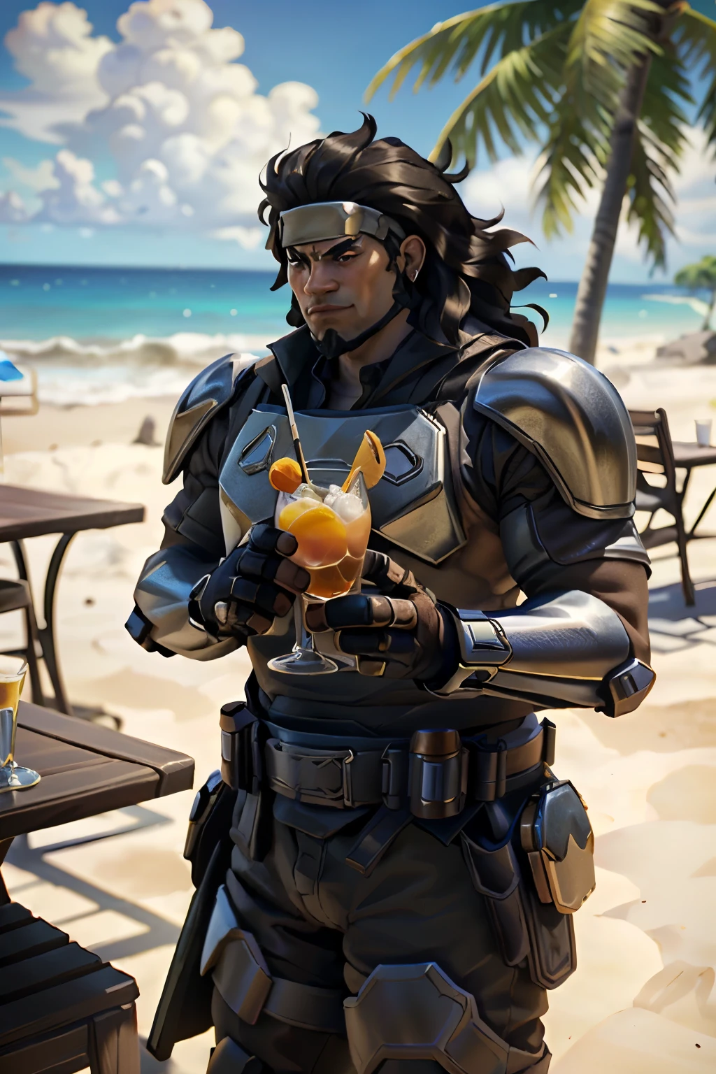 ((ultra detallado, obra maestra, absurdos)) ((mauga_overwatch))
 Mandalorian armor, 1 chico, cara, ((casco en la mesa)), guantes, holding cocktail glass, cocktail, Resort tropical, luz solar