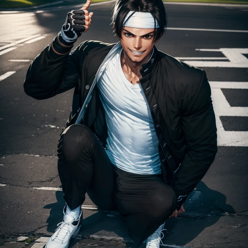 Orochikyo, 1 person, alone, Black jacket, Fingerless gloves, White T-shirt, White headband, Black trousers, White shoes, whole body, good looking, Charm, masterpiece, High resolution, Detailed face,Fine grain, Grin, on the road