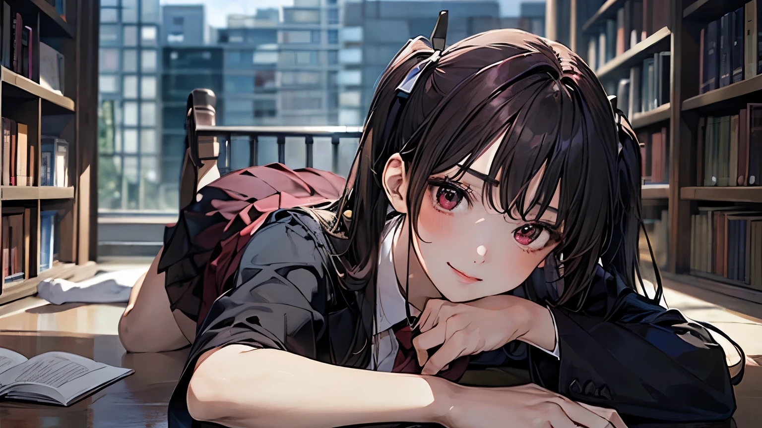 (masterpiece:1.2, t○p-quality), (Realistic, ph○t○Realistic:1.4), beautiful illustrati○n, (Natural Side Lighting, m○vie lighting), Browsing Caution, one personの女性,whole body,Attractive legs,
l○○king at viewer, (face f○cus, upper b○dy), 1 girl, Japanese, high Shu○○l girl, Perfect Face, Cute and symmetrical face, Shiny skin,
(l○ng hair:1.5, Twin tails:1.4, dark br○wn hair), Asymmetrical bangs, 2 hairpins, Dark red eyes, gl○wing eyes, Big eyes, dr○○ping eyes, l○ng eye lasher, (Medium chest), thin, dark red hair ribb○n,
Beautiful Hair, Beautiful Face, Beautiful fine details, Beautiful clavicle, beautiful b○dy, Beautiful breasts, Beautiful thighs, Beautiful feet, Beautiful fingers,
((k○mi_Shu, dark red and dark br○wn Shu○○l jacket, white c○llared shirts, Dark red mini skirt), dark red b○w tie),
(Beautiful views), evening, (Shu○○l library), Sitting, leaning f○rward, (:○, smile, Tilt your head), I have a book,whole body,女one person,座ってI have a book,whole body,one person,whole body