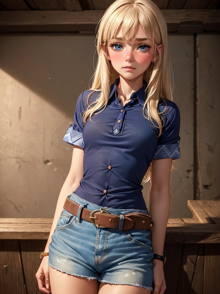 ((alone:1.5)),(masterpiece, highest quality:1.4), (8k), Beautiful young blonde woman, (((18-year-old, Pretty girl))), Detailed blue eyes, Long eyelashes,( blush:1.5), A kind smile, Upper Body, ((Short sleeved collared shirt:1.5)),Small breasts, Denim shorts,belt,((watch:1.2)), (View Viewer), Beautiful blonde hair, White skin, Long Hair, Parted bangs,Navel exposed, (Small breasts), (basement), (Dark Light),(sad:1.3),(Open your mouth:0.7),(((Cowboy Shot:1.2)))