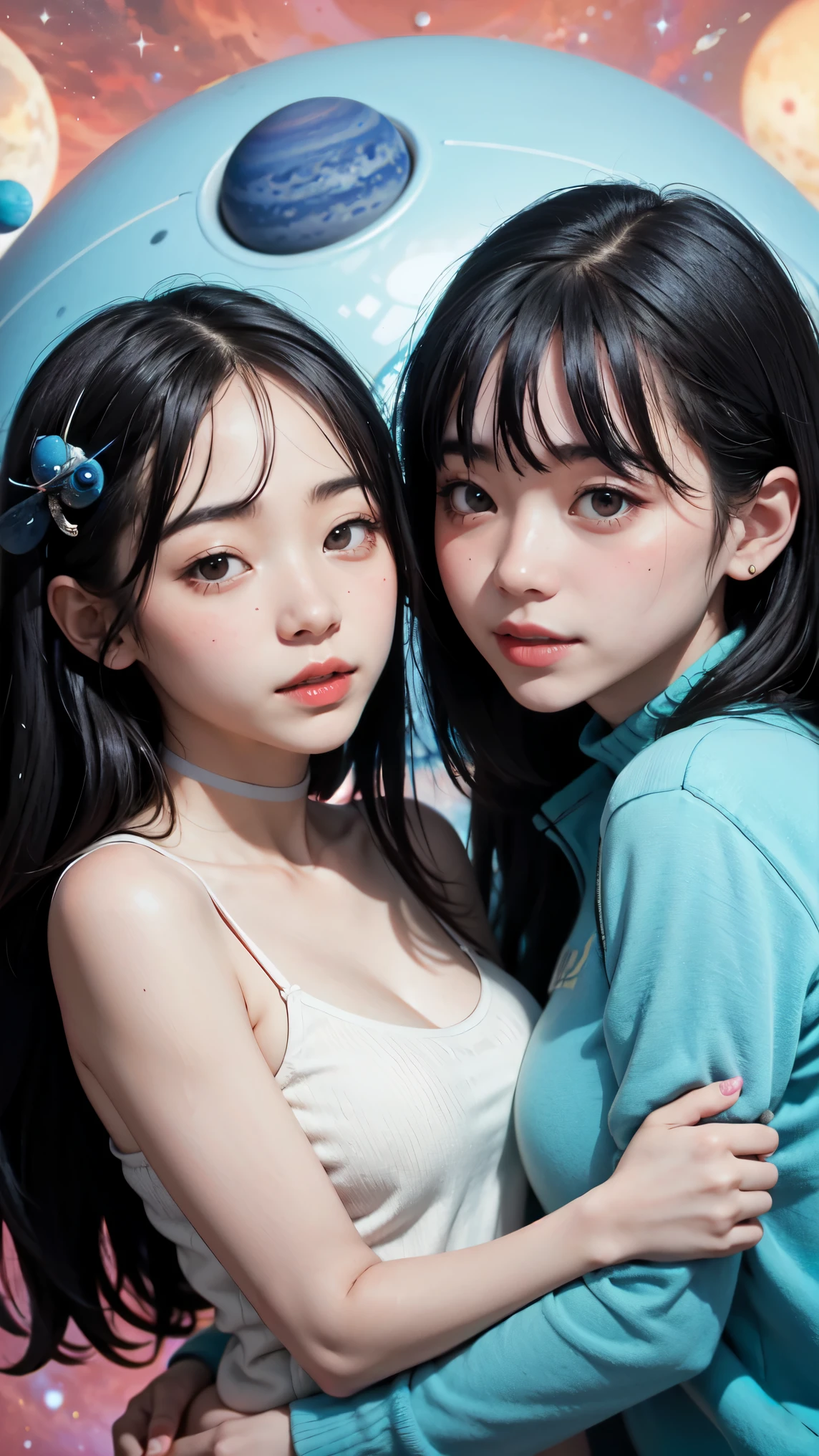 A space planet in the style of Pr0t0ssE, 2 girls