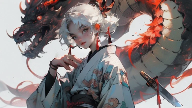 White horned goat, (close: 1.1), Upper Body, weapons, White horned goat head, Focus on women, sword, single, Japanese Costume, kimono,Handheld, Handheld Weapons, knife, Handheld Sword, sheath, Long sleeve, number suit, kimono, suit... Shrine Background,YouTube Images,Lots of monsters