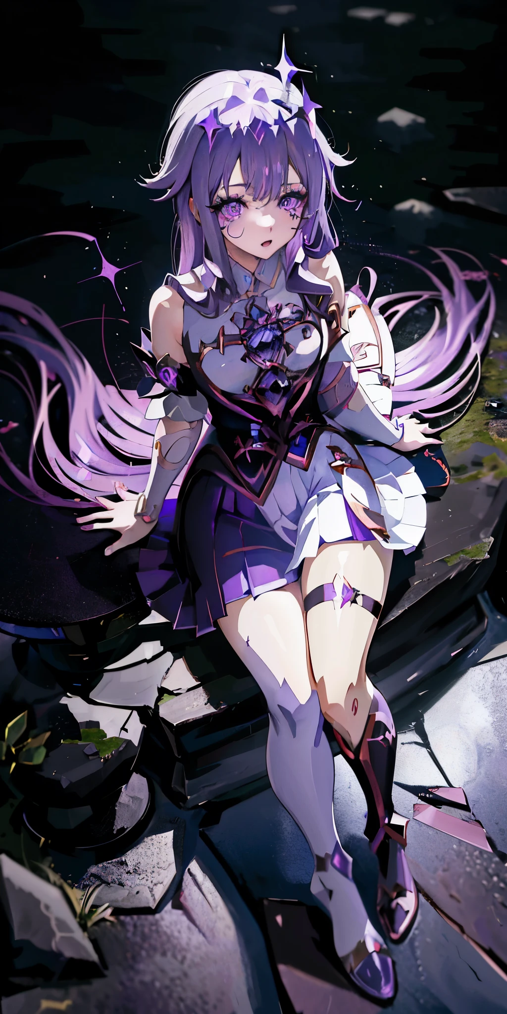 Anime girl with purple hair and purple skirt sitting on the stone floor, Ayaka Genshin Impact, ahegao, Satya from Overlord, Purple eyes and white clothes, Cute anime girl in a beautiful skirt, anime goddess, Maintain your posture, splash art anime , With sparkling purple eyes, kushatkrentz women in critical art