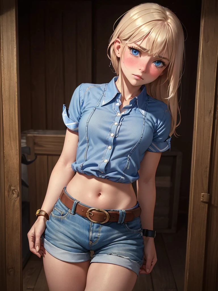  ((alone:1.5)),(masterpiece, highest quality:1.4), (8k), Beautiful young blonde woman, (((18-year-old, Pretty girl))), Detailed blue eyes, Long eyelashes,( blush:1.5), A kind smile, Upper Body, ((Short sleeved collared shirt:1.5)),Small breasts, Denim shorts,belt,((watch:1.2)), (View Viewer), Beautiful blonde hair, White skin, Long Hair, Parted bangs,Navel exposed, (Small breasts), (basement), (Dark Light),(sad:1.3),(Open your mouth:0.7),(((Cowboy Shot:1.2)))