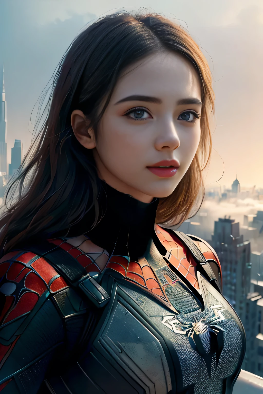 (1girl:1.3), Solo, (((Very detailed face)))), ((Very detailed eyes and face)))), Beautiful detail eyes, Body parts__, Official art, Unified 8k wallpaper, Super detailed, beautiful and beautiful, beautiful, masterpiece, best quality, original, masterpiece, super fine photo, best quality, super high resolution, realistic realism, sunlight, full body portrait, amazing beauty, dynamic pose, delicate face, vibrant eyes, (from the front), She wears Spider-Man suit, red and black color scheme, spider, very detailed city roof background, rooftop, overlooking the city, detailed face, detailed complex busy background, messy, gorgeous, milky white, highly detailed skin, realistic skin details, visible pores, clear focus, volumetric fog, 8k uhd, DSLR, high quality, film grain, fair skin, photo realism, lomography, futuristic dystopian megalopolis, translucent