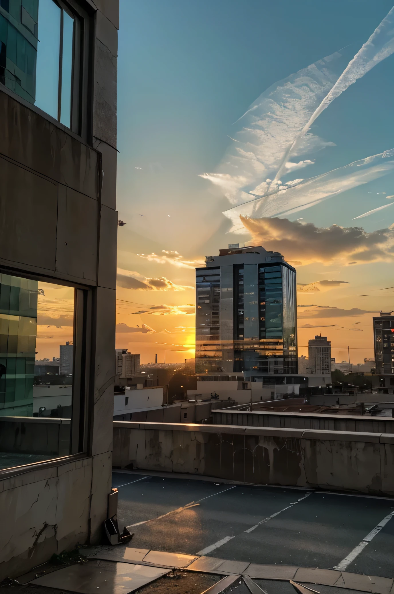 A cracked wall in a big city with beautiful sunset near night time