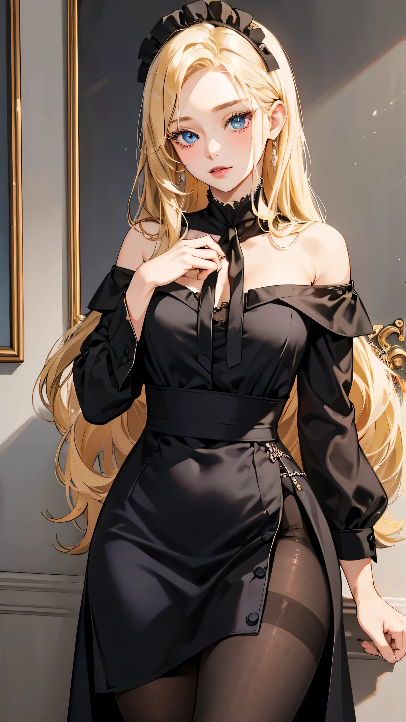 1girl, 30 years old, maid, black dress, off-the-shoulder, blonde hair, long hair, blonde, blue eyes, black pantyhose, sexy, seductive, black tie