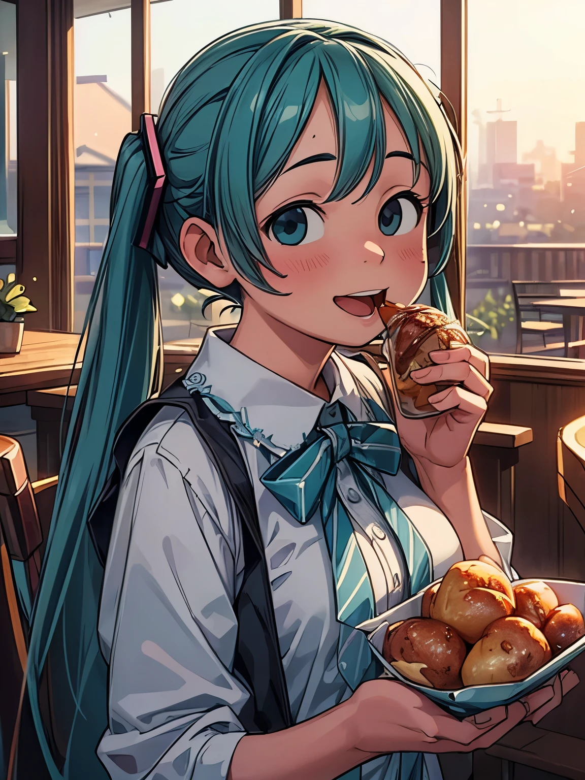 (masterpiece、highest quality、highest quality、Official Art、Beautiful and beautiful:1.2)、(One girl:1.3)Hatsune Miku、Twin tails,Big Breasts,A who has a lot of Delicious food in front of him, Delicious food, restaurant, Lots of balloons, Happy, Happy, Festive mood, sunset, Backlight, Perfect quality, Clear focus (Messy house: 0.8), (masterpiece: 1.2) (Realistic: 1.2) (Bokeh) (highest quality) (Detailed skin: 1.3) (Intricate details) (8k) (Eye for detail) (Sharp focus), (Happy)