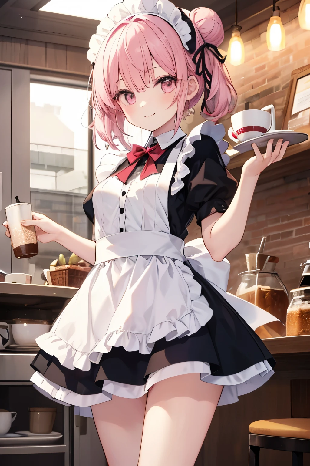 Pink Hair, Pink Eyes、girl、Small breasts、Hair Bun、girl、Small breasts、Bright smile、Looks about ************、Petan Musume、He is short、Eye highlights、Sexy thighs、Wearing maid uniform、Have a coffee