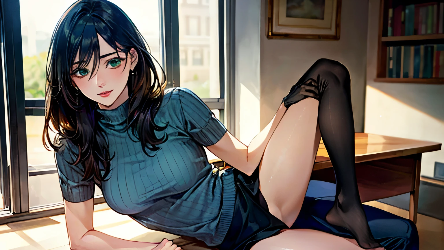 (masterpiece:1.3, highest quality, Ultra-high resolution, Super detailed), (Realistic, photoRealistic:1.4), Beautiful illustrations, Perfect lighting, Natural light, colorful, Depth of written boundary, 女性one person,Attractive legs,whole body,
View Viewer, whole body, Front view:0.6, 1 girl, 日Book語, office lady, 19 years old, Perfect Face, (Perfect Anatomy), Cute and symmetrical face, Baby Face, Shiny skin, , 
(Long Hair:1.7, Straight hair:1.2, Black Hair), Hair between the eyes, Emerald green eyes, Long Eyelashes, (Big Breasts:0.8), mini skirt,Bookを持っている,
Beautiful Hair, Beautiful Face, Beautiful fine details, Beautiful clavicle, Beautiful body, Beautiful breasts, Beautiful thighs, Beautiful feet, Beautiful fingers, 
((Short sleeve navy high neck sweater), ID card), 
(Beautiful views), Daytime, (Office Lounge),, (Smile, Half an eye, Lips parted),Bookを持っている,whole body,mini skirt,one person,whole body,Attractive legs,Book,Book,whole body,Attractive legs