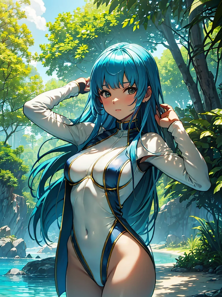 (masterpiece、top-quality、hight resolution)、iruru, A picturesque beach or poolside scene with a female idol posing in various swimsuit shots. The setting is serene with no other people around, emphasizing the natural beauty of the location. The idol is wearing different swimsuits in each pose, showcasing her in playful, seductive, and elegant poses. The sunlight highlights her figure, casting soft shadows and creating a warm, inviting atmosphere. The background includes clear blue water, sandy shores, and lush greenery, enhancing the idyllic and peaceful vibe of the scene. The overall mood is one of beauty, relaxation, and allure. nsfw, ((, upper body))