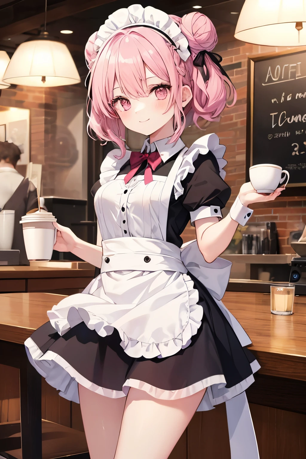 Pink Hair, Pink Eyes、girl、Small breasts、Hair Bun、girl、Small breasts、Bright smile、Looks about 15 years old、Petan Musume、He is short、Eye highlights、Sexy thighs、Wearing maid uniform、Have a coffee