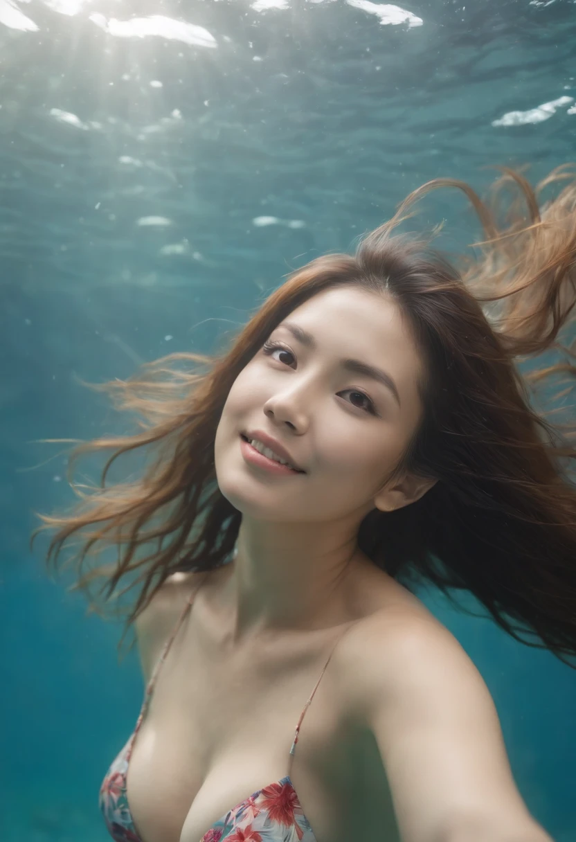 A cute and beautiful Japanese woman in her late twenties with semi-long hair and a voluptuous figure is diving underwater. She is facing the camera with a beaming smile, looking very stylish in a micro bikini. There are many beautiful tropical fish swimming around her.