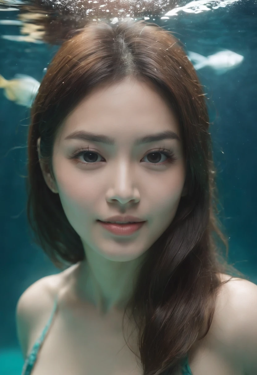 A cute and beautiful Japanese woman in her late twenties with semi-long hair and a voluptuous figure is diving underwater. She is facing the camera with a beaming smile, looking very stylish in a micro bikini. There are many beautiful tropical fish swimming around her.