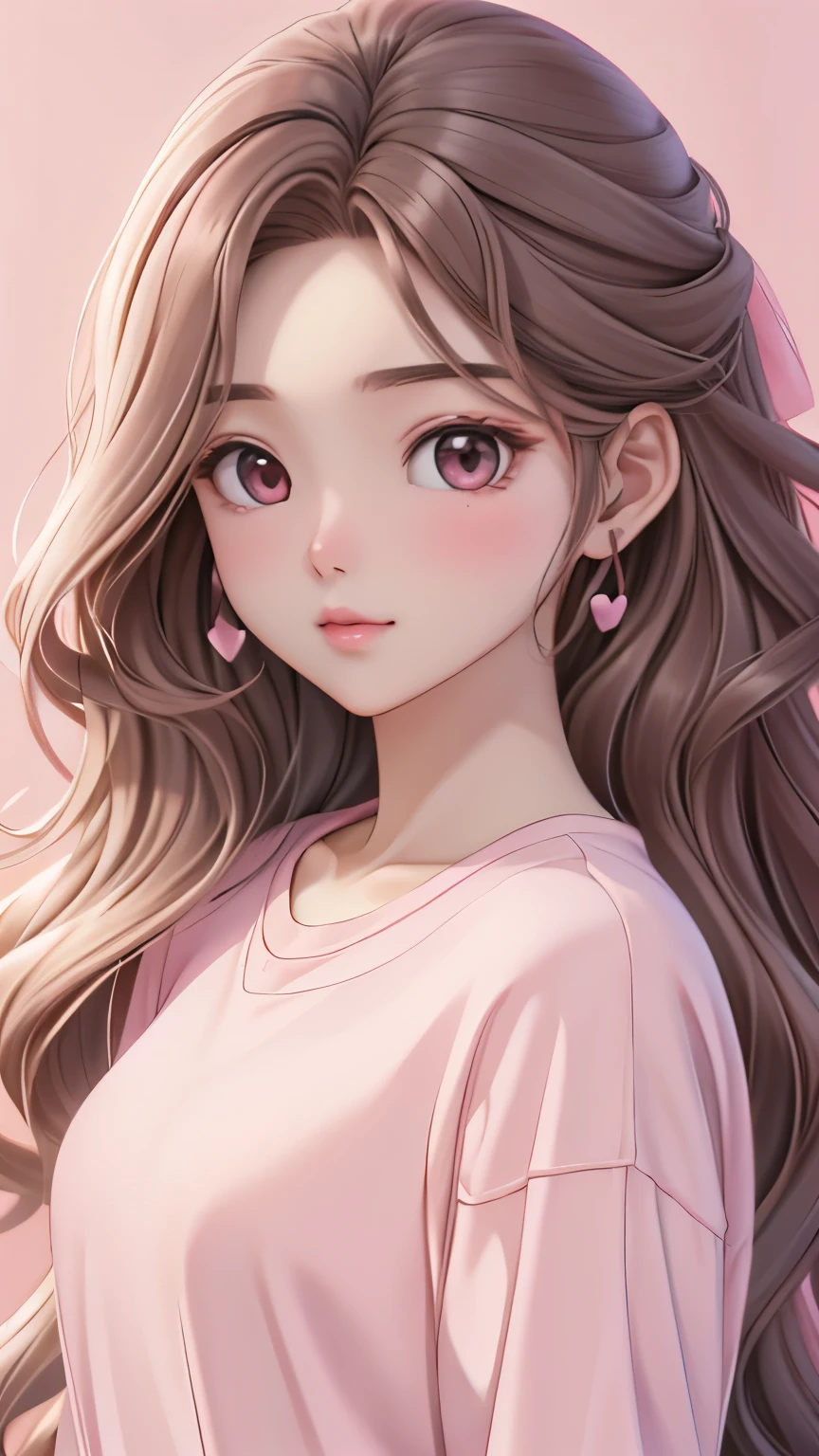 Girl, long wavy brown hair, brown eyes, soft sharp features, white skin, pink lips, pink shirt