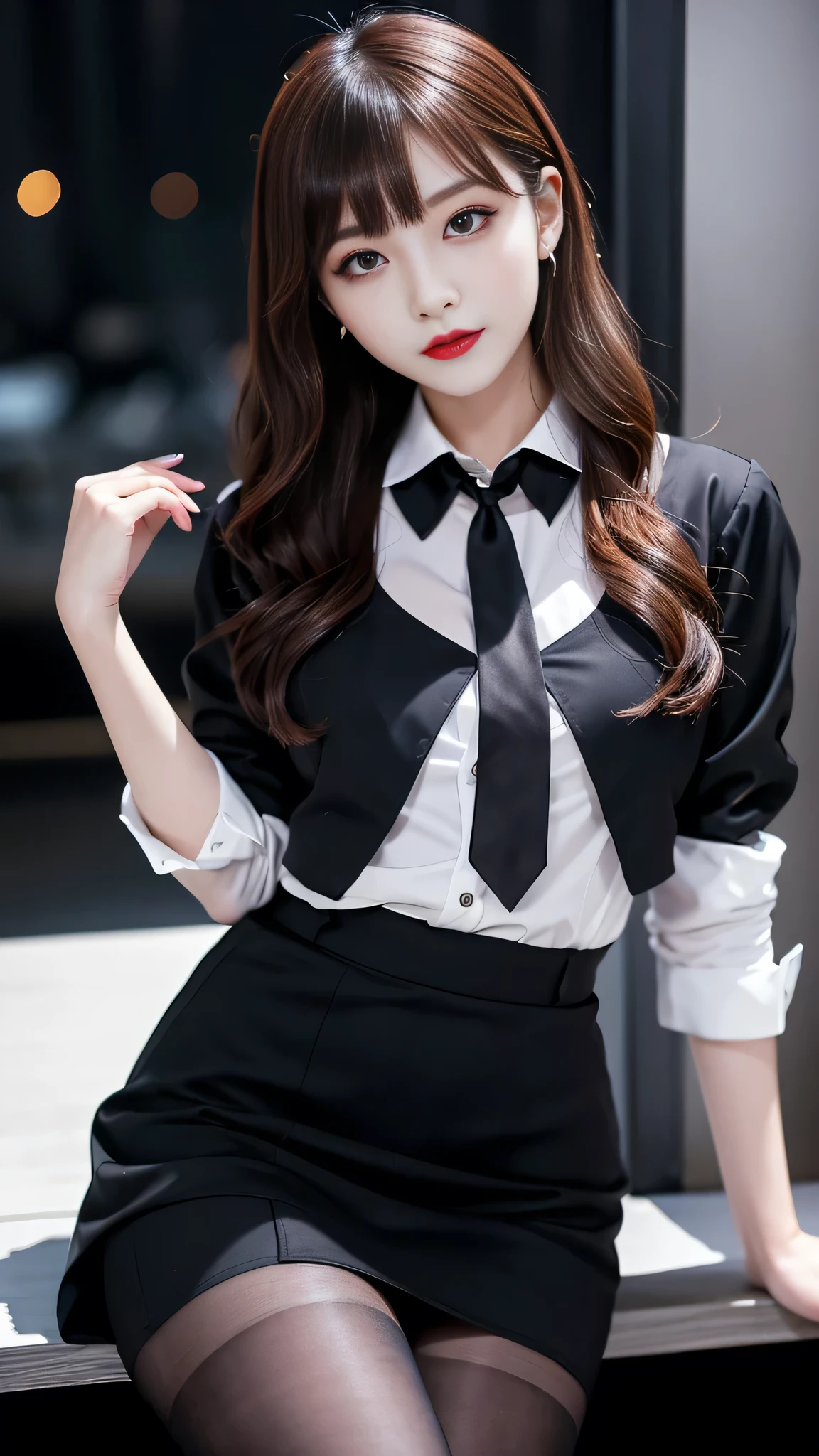 best quality、ultra-detailed、4k、Japanese、Seductive beauty、seductive adult woman、Pretty Woman、cool girl、Villainess、Brainwashed、brainwash、Fallen into evil、smirk、Evil look、Wicked Smile、evil、Brown hair、wavy hair、swept bangs、dark makeup、dark makeup、piercing eyes、hollow eyes,half-closed eyes、Hollow Eyes、purple Eyeshadow、black lipstick、black lipglos、office staff suit、suit、Jacket、Black sleeves、White Shirt、Black Ribbon、Tight Skirt、hose、stockings、High heelask、night、inside darkroom、Are standing、shoot from below、Have lipstick、Emblem of Evil、Crest of Darkness、Swear allegiance、I have pledged my allegiance、Dye black、Blackening、Stained with evil、Dyed in darkness、Seduce