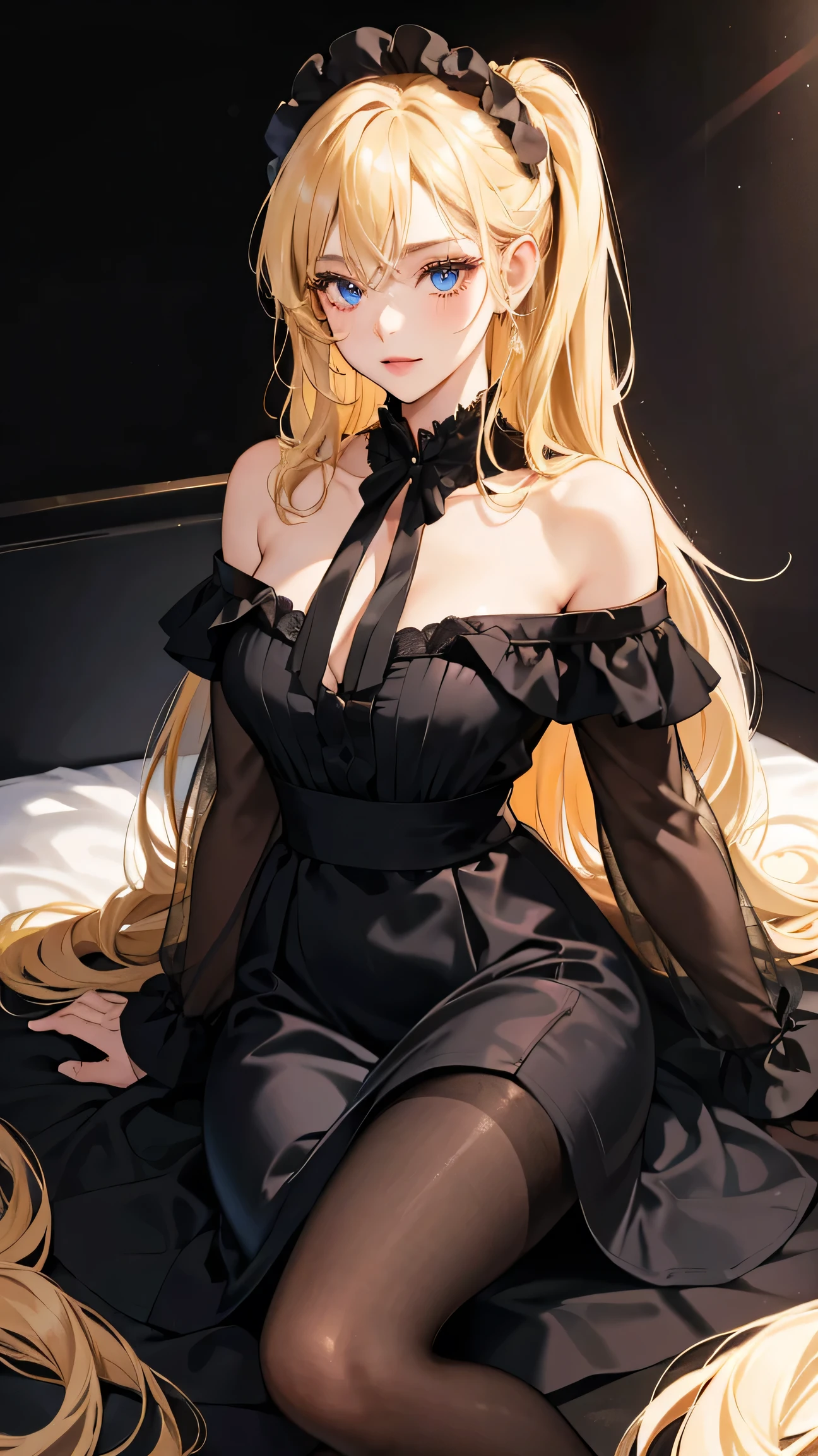 1girl, 30 years old, maid, black dress, off-the-shoulder, blonde hair, long hair, blonde, blue eyes, black pantyhose, sexy, seductive, black tie