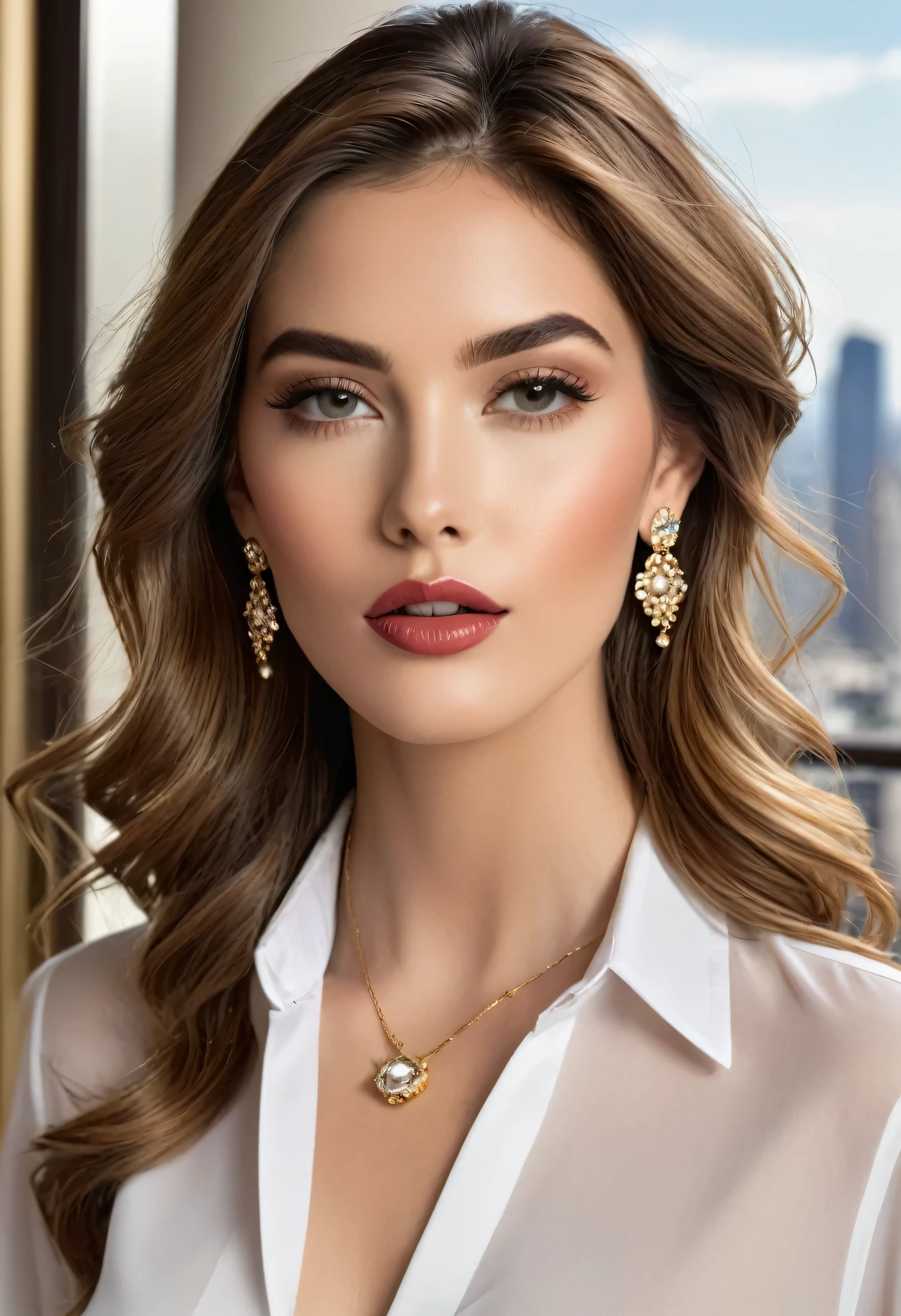 A feminine beauty with long, tousled blonde hair, Regardez directement le spectateur. Elle est vêtue d'une chemise blanche à manches longues et d'une jupe taille haute., adorned with delicate jewelry, y compris un pendentif, boucles d'oreilles et une signature visible sur le front. Her lips are parted, et il possède également une sangle de cuisse qui ajoute de l'elegance à son style. L'image présente une sensation de transparence, with a window in the background showing a panoramic view of the city. La combinaison de vêtements et d'accessoires, with the direct gaze of the model, crée un sentiment de sophistication et d'elegance.