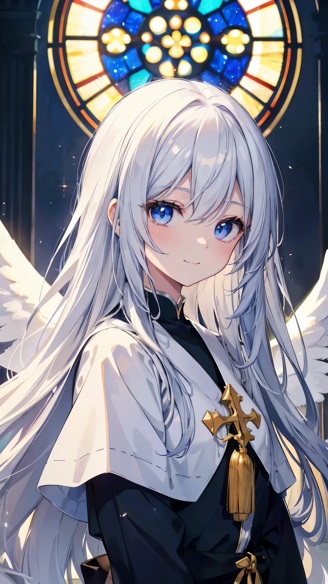 Very long hair、Silver Hair、Detailed sparkly eyes、Blue Eyes、Three pairs of angel wings、Gold feather on head,smile、Embarrassing、緊張したsmile、shine、reflected light、Film Grain、masterpiece、Textured Skin、Super Detail、High Detail、high quality、最high quality、High Resolution、16k、shine、Monastic Clothes、Nuns、church、Stained glass