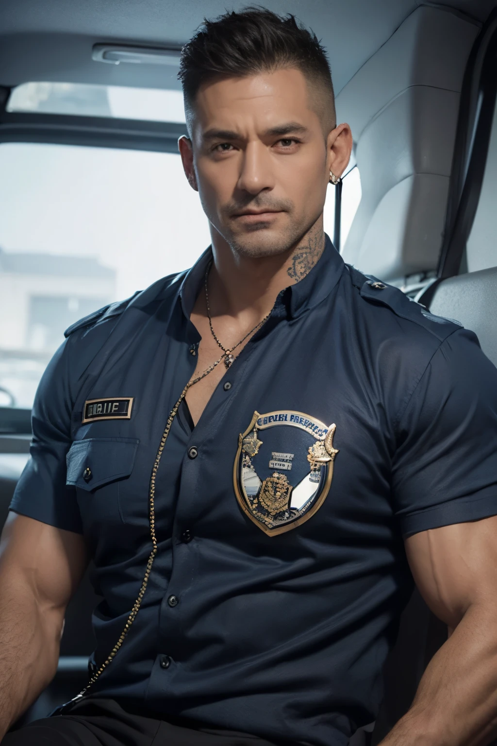 police, police officer, police officer uniform, cops, daddy, old man, handsome old man, handsome male wearing police officer uniform, muscular, muscular chest, open chest, muscular arms, tattooed, tattooed arms, veiny, buzz cut, necklace, earrings, seductive smile, seductive, 8k, super detail, masterpiece, textured skin, best quality, 8k, realistic, super realistic,