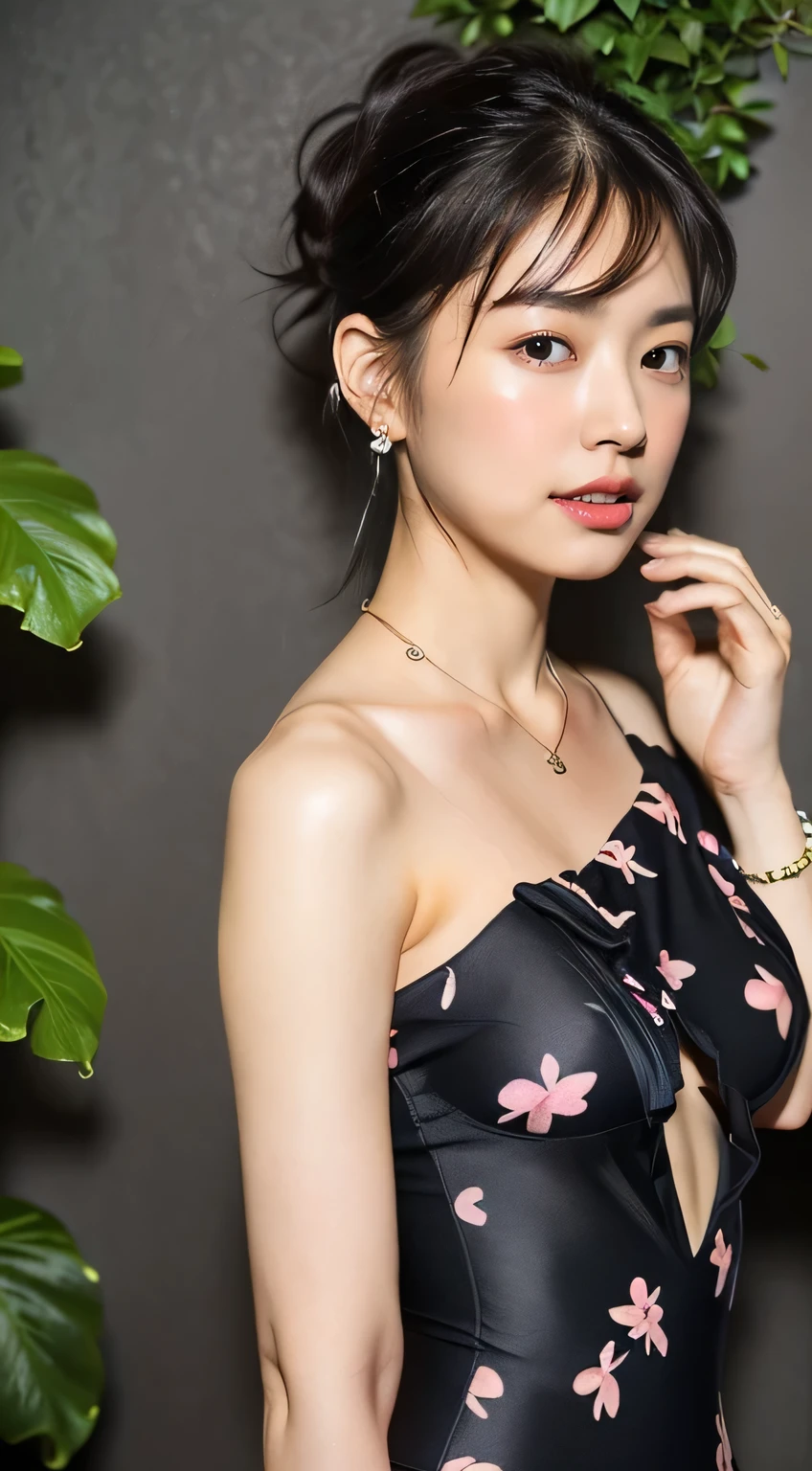 (Elegant swimsuit with floral print, No bra, Nipples, Beautiful thighs, High leg:1.5),
((40 years old, Elegant beautiful female announcer, Sexy body, Naughty older sister:1.2)),
((She looks like she wants to be kissed.:1.2)),
((I love you?, I want to kiss you?, I want to fuck you?, cheat with me?:1.2)),
((Where are you touching? You're so naughty.!,Your dick is getting hard,You were thinking about something naughty:1.2)),
((Come closer to me, kiss my chest, If you touch me that much I'll feel it:1.2)),
((Stylish pool, Foliage plant, Black Wall, Complete darkness, The night view is visible in the distance:1.2)),
Eye focus, Narrow shoulders, Beautiful clavicle, Long, slender legs, The back of the hand is beautiful and feminine,
Slender figure, A soft belly, Thin waist,
Ultra detailed face, Ultra detailed breasts, Ultra-detailed skin, Fair skin, Glossy Skin,
Slim face contour, Beautiful small face, Beautiful straight nose,
Ultra-detailed eyes, Slit eyes, Brown eyes, double eyelid, Beautiful thin eyebrows, Thin, long eyelashes,
Ultra-detailed lips, Fuller lips, Glossy pink lips, Flushed Cheeks, White teeth,
Beautiful actress's languid make-up, Pink lipstick,
Dark Brown Hair, Delicate soft hair,
(Put your hair up, Medium Short Hair, Layered:1.2), (Blunt bangs:1.2),
(Stylish looking earrings,necklace,bracelet:1.2),
((Squinting)),
((pursing lips)),
((Blushing)),