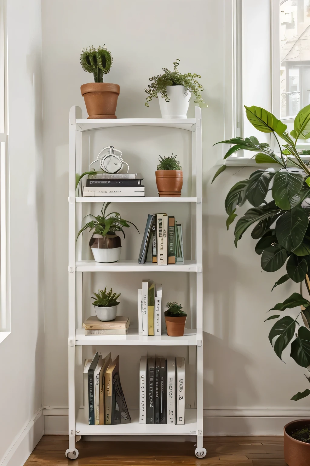 White live background,A front iron bookshelf,There are green plants on top