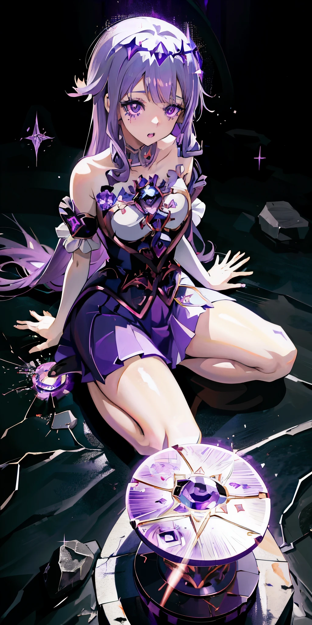 Anime girl with purple hair and purple skirt sitting on the stone floor, Ayaka Genshin Impact, ahegao, Satya from Overlord, Purple eyes and white clothes, Cute anime girl in a beautiful skirt, anime goddess, Maintain your posture, splash art anime , With sparkling purple eyes, kushatkrentz women in critical art