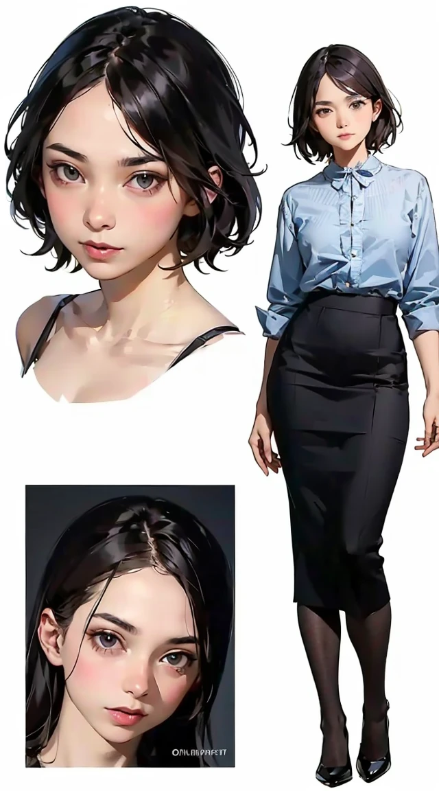 ((tmasterpiece, Best quality at best)), Detailed face, character design sheet，Full body lesbian, perfect proportions，be full of details, multiple postures and expressions, The is very detailed, Depth-of-fie, many parts，Beautiful teenage girl，Business suit，lace panty hose，light pink pupils，Epic and beautiful character art，natural soft light