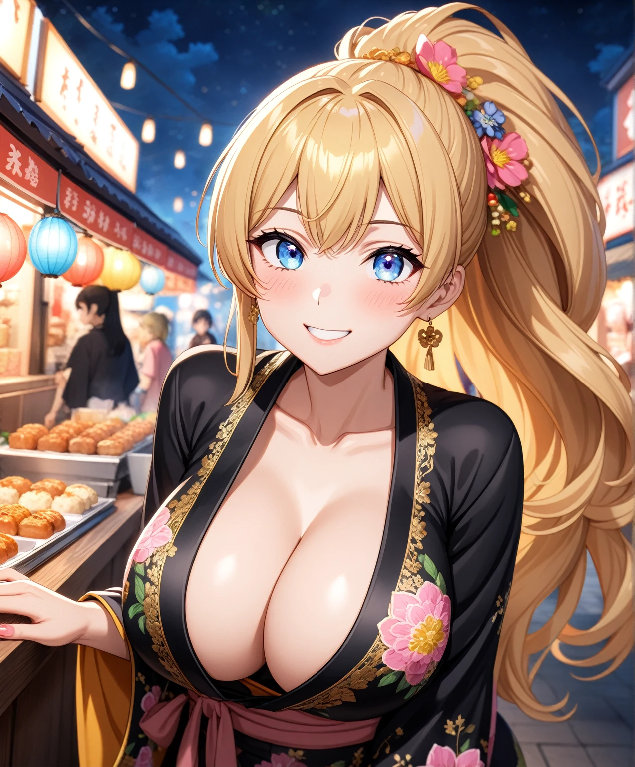 ((One girl)), Beautiful smile,Very happy expression,Smile kindly,((Wink:1.3)),Glossy Lips,Abstract, night,Festival food stalls, ((Anime style background)),masterpiece, highest quality, so beautiful, Absurd, up to date, Complex details, (Pink long nails),AI-generated, Complex,High resolution, highest quality, super high quality,3D Images、View the viewers、3D Images,one person,Long Blonde Hair,High Ponytail,blue eyes,Anime woman posing for a photo, [[Fine grain、Colorful eyes、Shining Eyes:1.15]],(Squint your eyes:1.1),a hyperRealistic , hyperRealistic , Realistic , Blonde anime woman with long hair, Smooth anime CG art, A woman in a colorful kimono with gold embroidery, Black kimono,Pink floral pattern,Flower Hair Ornaments,Earrings,(Large Breasts:1.3),Mature Body,tall,Big Ass,Fine details,Abdominal muscles,Leaning forward,