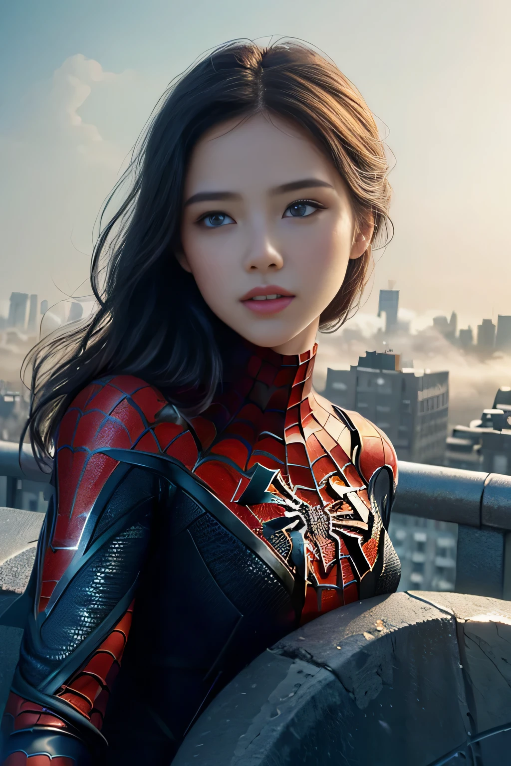 (1girl:1.3), Solo, (((Very detailed face)))), ((Very detailed eyes and face)))), Beautiful detail eyes, Body parts__, Official art, Unified 8k wallpaper, Super detailed, beautiful and beautiful, beautiful, masterpiece, best quality, original, masterpiece, super fine photo, best quality, super high resolution, realistic realism, sunlight, full body portrait, amazing beauty, dynamic pose, delicate face, vibrant eyes, (from the front), She wears Spider-Man suit, red and black color scheme, spider, very detailed city roof background, rooftop, overlooking the city, detailed face, detailed complex busy background, messy, gorgeous, milky white, highly detailed skin, realistic skin details, visible pores, clear focus, volumetric fog, 8k uhd, DSLR, high quality, film grain, fair skin, photo realism, lomography, futuristic dystopian megalopolis, translucent