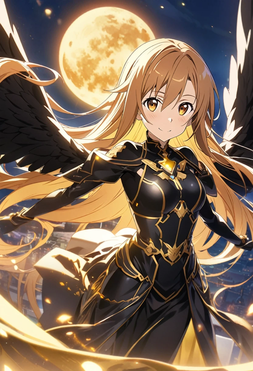 Male version of Yuuki Asuna \(Sword Art Online\), golden hair, glowing gold eyes:1.2, black angel costume, bangs, gentle smile, black fallen angel wings, ((ultra-detailed)), ((illustration)), ((flowing hair)), (beautiful detailed eyes), 1boy, flying, ((gold moon)), looking at viewer