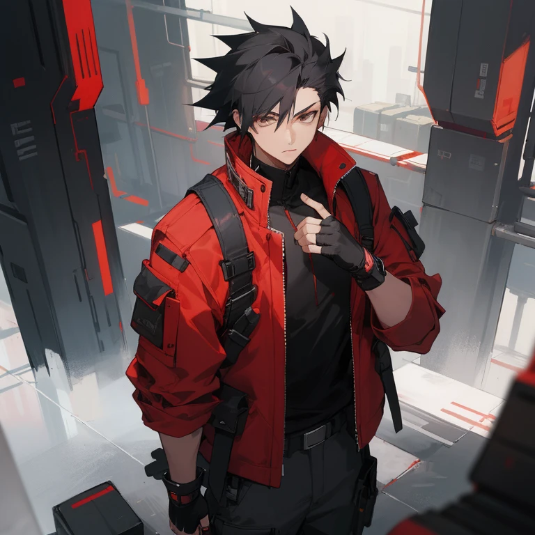 ((highest quality)), ((masterpiece)), (be familiar with), 1 male, alone, Black Hair,Spiky Hair,cargo pants,Red jacket,Black Shirt,Large,Fingerless Gloves, cyber punk,SF
