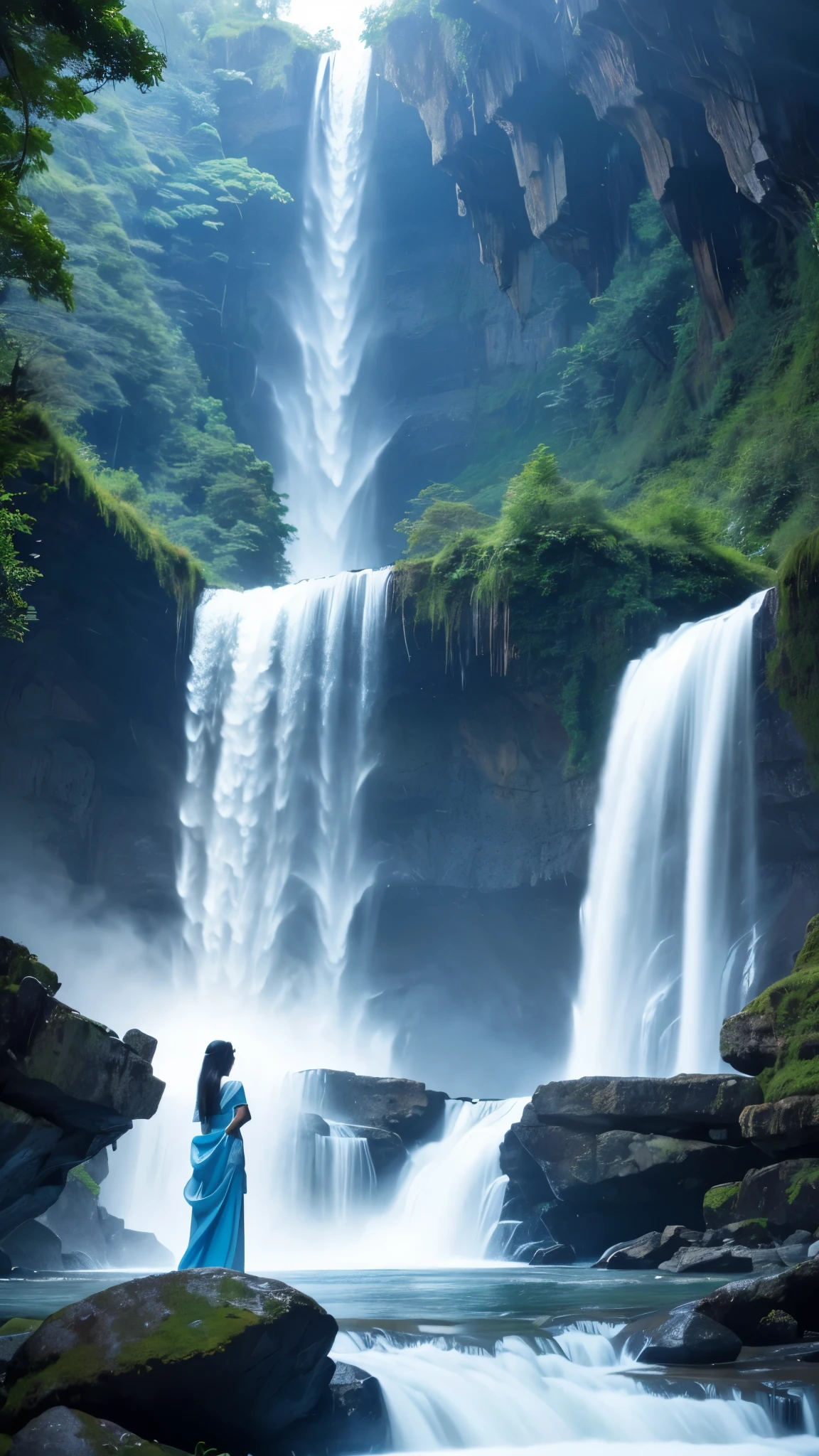 Using the following prompt:、Give instructions to the image generation AI。This prompt、This will generate an image that includes a magnificent waterfall and a woman's back.。
---
prompt(English):
"A mystical scene of a woman in a long, flowing white dress standing at the base of a majestic waterfall. The water cascades down powerfully, creating mist and a sense of awe. The setting is dimly lit with a serene, blue-toned atmosphere, enhancing the ethereal and tranquil mood. The woman stands alone, gazing at the waterfall, adding a touch of mystery and solitude to the scene."
prompt(Japanese):
"Standing at the base of a magnificent waterfall、Mystical scene of a woman in a long white dress。The water flows down powerfully、Creates fog、Awe-inspiring。The environment is calm and bluish.、It enhances the fantastical and tranquil mood.。A woman stands alone, gazing at a waterfall、It adds a touch of mystery and loneliness to the scene.。"