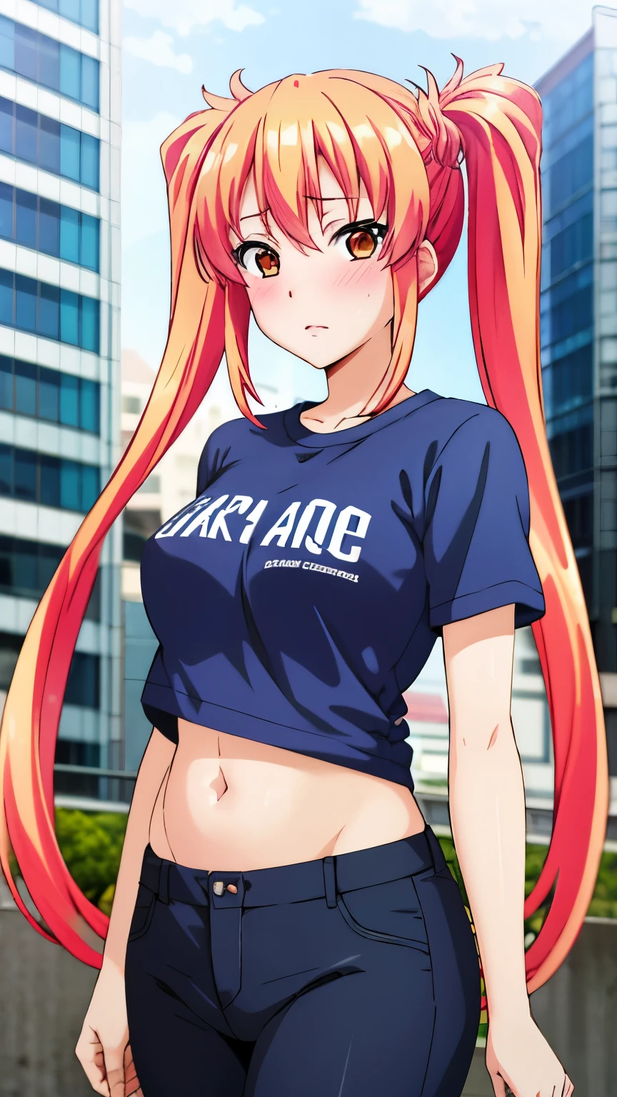 Best quality, high resolution, beautiful eyes, highly detailed face, detailed CG, anime style, saki mizuhara, 1 girl, orange hair, twin tails, long hair, (t-shirt, belly button exposed, blushing, city),(erect nipples visible through clothes:0.6), standing, with 1 person, stylish pose, stylish angle, looking at the viewer, in the center of the image, cowboy shot,