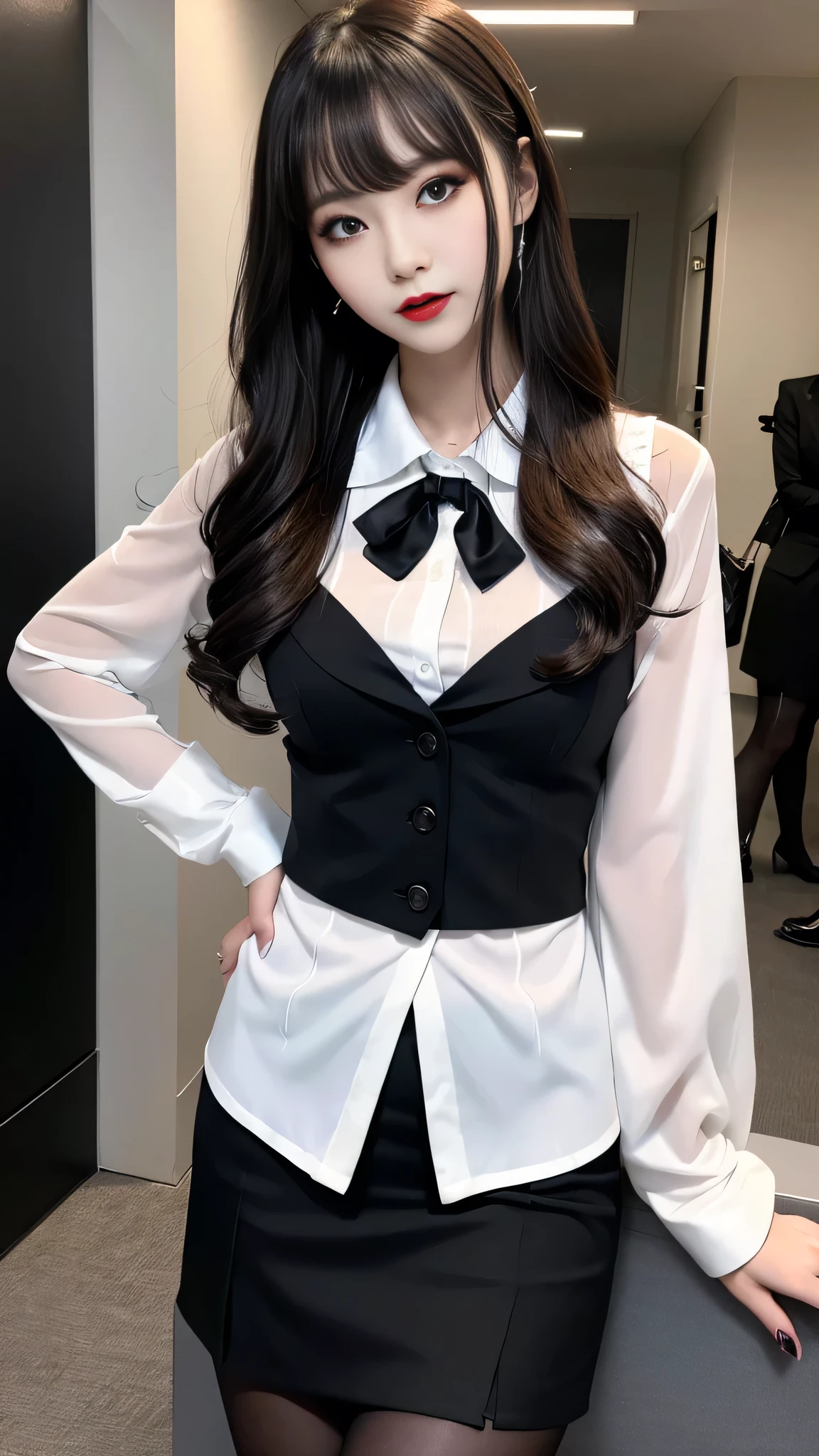 best quality, masterpiece, 1 girl, beautiful face, (photo photo-realistic:1.3), edge lighting, (high detail skin: 1.2), 8k ultra hd, DSLR, high quality, high resolution, 4k, 8k, bokeh, ridiculous, best ratio four fingers and one thumb, (realistic:1.3), cute 1girl, wearing black formal blazer, medium breasts, white shirt, black tie, pleated skirt, black silk, black stockings, PerfectNwsjMajic