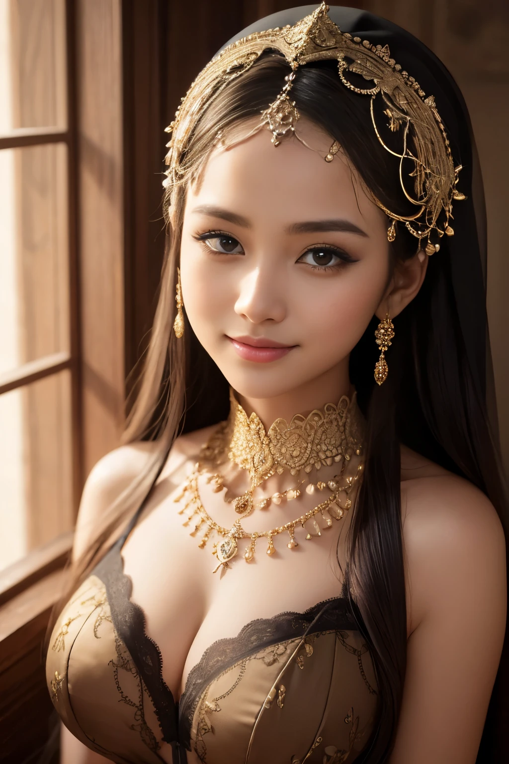 lingerie, cleavage, hijabi, Absurd, ultra-detailed, high quality, masterpiece, detailed face, beautiful eyes(detailed eyes), dark skinned javanese mythology Goddess, goddess of the hearth and home, gentle and graceful, face exudes warmth and kindness, eyes described as soft and comforting, gentle and steady gaze, overall appearance is simple and modest, The fabric of her garments is usually depicted as soft and earth-toned, beauty lies not in extravagant adornments, Her smile is serene and welcoming