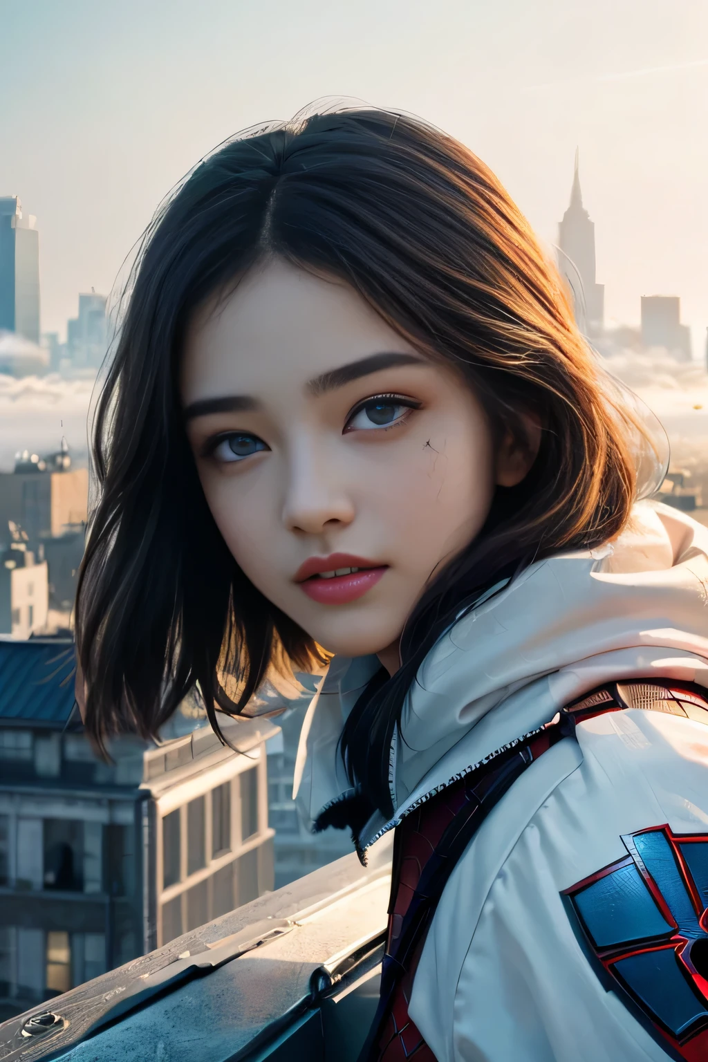 (1girl:1.3), Solo, (((Very detailed face)))), ((Very detailed eyes and face)))), Beautiful detail eyes, Body parts__, Official art, Unified 8k wallpaper, Super detailed, beautiful and beautiful, beautiful, masterpiece, best quality, original, masterpiece, super fine photo, best quality, super high resolution, realistic realism, sunlight, full body portrait, amazing beauty, dynamic pose, delicate face, vibrant eyes, (from the front), She wears Spider-Man suit, red and black color scheme, spider, very detailed city roof background, rooftop, overlooking the city, detailed face, detailed complex busy background, messy, gorgeous, milky white, highly detailed skin, realistic skin details, visible pores, clear focus, volumetric fog, 8k uhd, DSLR, high quality, film grain, fair skin, photo realism, lomography, futuristic dystopian megalopolis, translucent