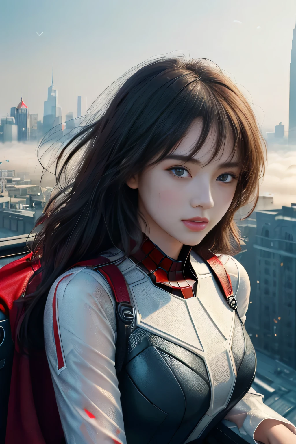 (1girl:1.3), Solo, (((Very detailed face)))), ((Very detailed eyes and face)))), Beautiful detail eyes, Body parts__, Official art, Unified 8k wallpaper, Super detailed, beautiful and beautiful, beautiful, masterpiece, best quality, original, masterpiece, super fine photo, best quality, super high resolution, realistic realism, sunlight, full body portrait, amazing beauty, dynamic pose, delicate face, vibrant eyes, (from the front), She wears Spider-Man suit, red and black color scheme, spider, very detailed city roof background, rooftop, overlooking the city, detailed face, detailed complex busy background, messy, gorgeous, milky white, highly detailed skin, realistic skin details, visible pores, clear focus, volumetric fog, 8k uhd, DSLR, high quality, film grain, fair skin, photo realism, lomography, futuristic dystopian megalopolis, translucent