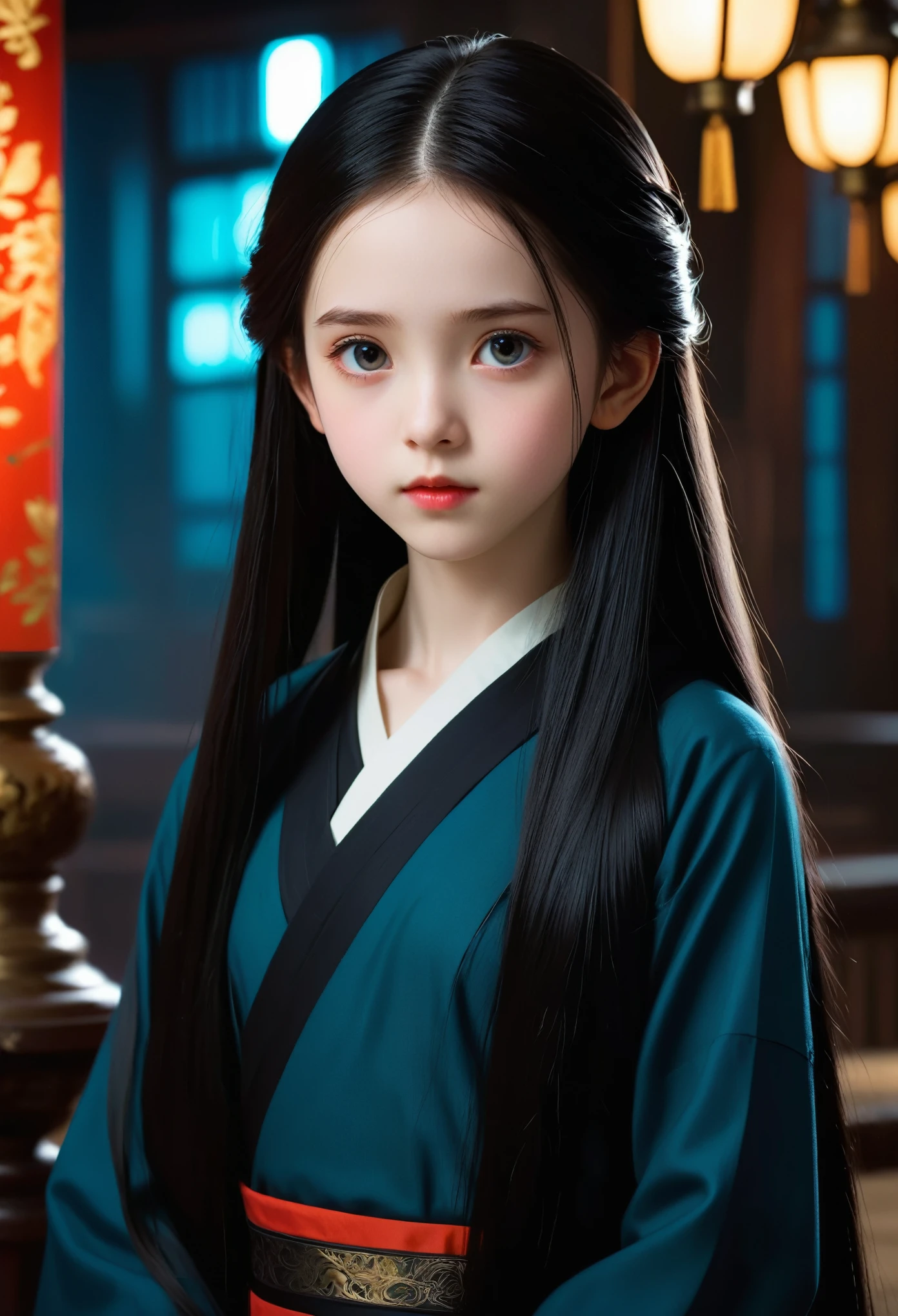 A girl around ,Pale skin,Very long hair, Black straight hair. big、Black eyes , With a strong and mysterious expression. Dressed in orphan clothing style, More elegant and refined, Something that matches her mysterious and strong personality. comprehensive, Her presence will attract attention, Attract curious and inquisitive eyes. flat chest, movie lighting, Chromatic Aberration, Backlight, masterpiece, High Detail, high quality, 4k.