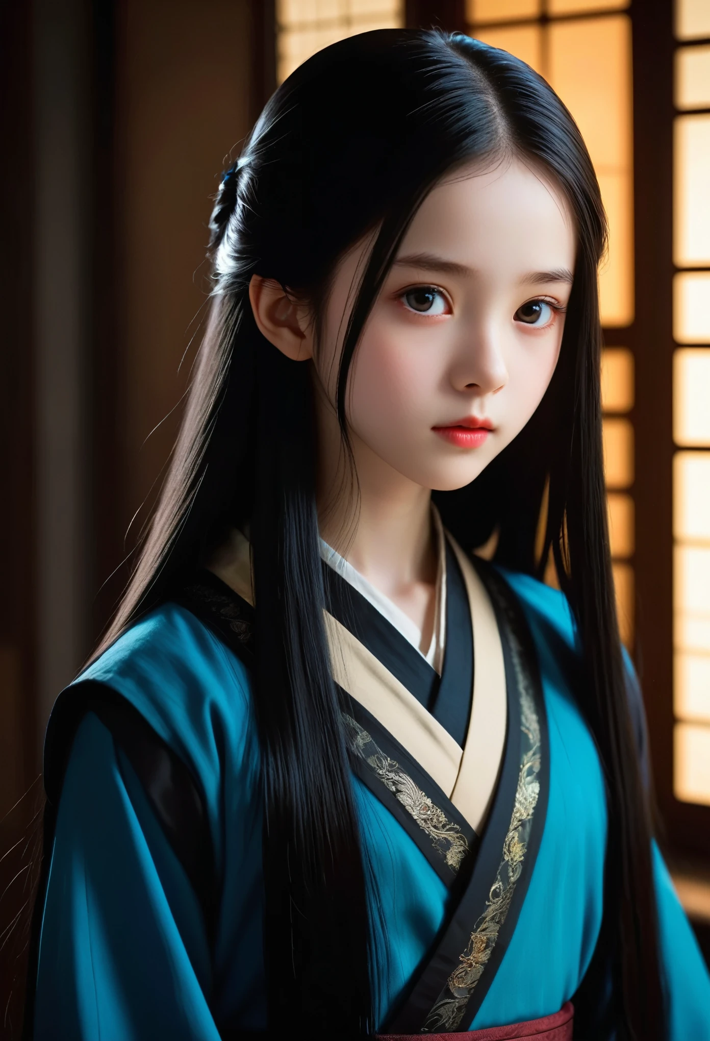 A girl around ，Pale skin，Very long hair, Black straight hair. big、Black eyes , With a strong and mysterious expression. Dressed in orphan clothing style, More elegant and refined, Something that matches her mysterious and strong personality. comprehensive, Her presence will attract attention, Attract curious and inquisitive eyes. flat chest, movie lighting, Chromatic Aberration, Backlight, masterpiece, High Detail, high quality, 4k.