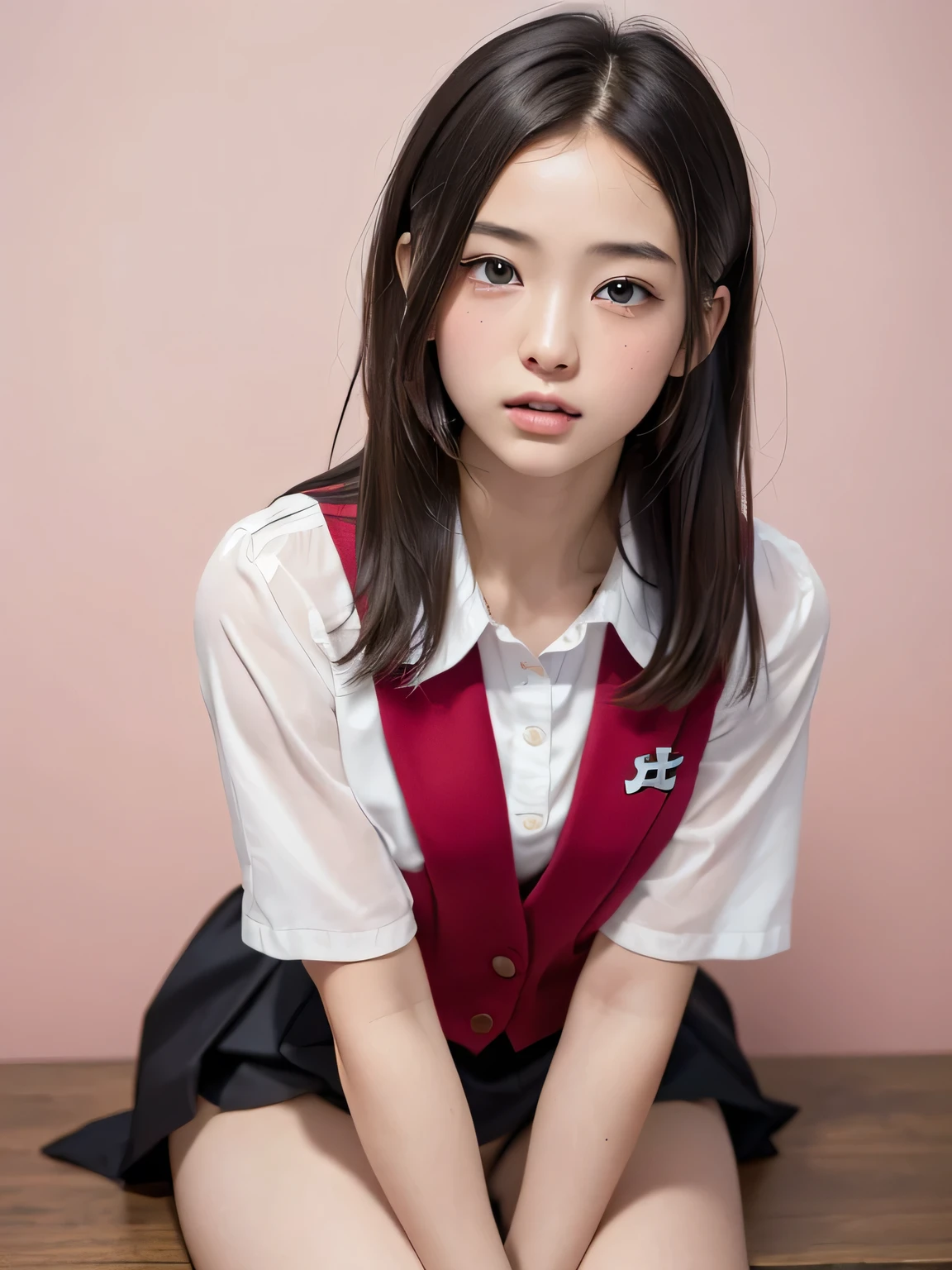 (masterpiece:1.3)、Very fine finish、(High resolution、8k:1.3)、highest quality、Beautiful Hands、Beautiful Hands指、(Ultra-realistic as a photo:1.3), Ultra High Resolution Face、The face is in focus、Ultra high definition and beautiful eyes、(Concentrated eyes:1.3)、(Eyes are symmetrical:1.3)、High quality and beautiful skin、Firm Skin、Natural Makeup、Gloss lips, Ultra HD Hair Texture、Japanese women、high school girl、18-year-old、(High School Uniform:1.3), very cute, Very short hair:1.2, (Sitting:1.3), Mid-chest, (Flip up the skirt、Small panties are visible from the skirt:1.1), Pink wall、 (Very embarrassed:1.3), (blush:1.3), (View Viewer:1.2)