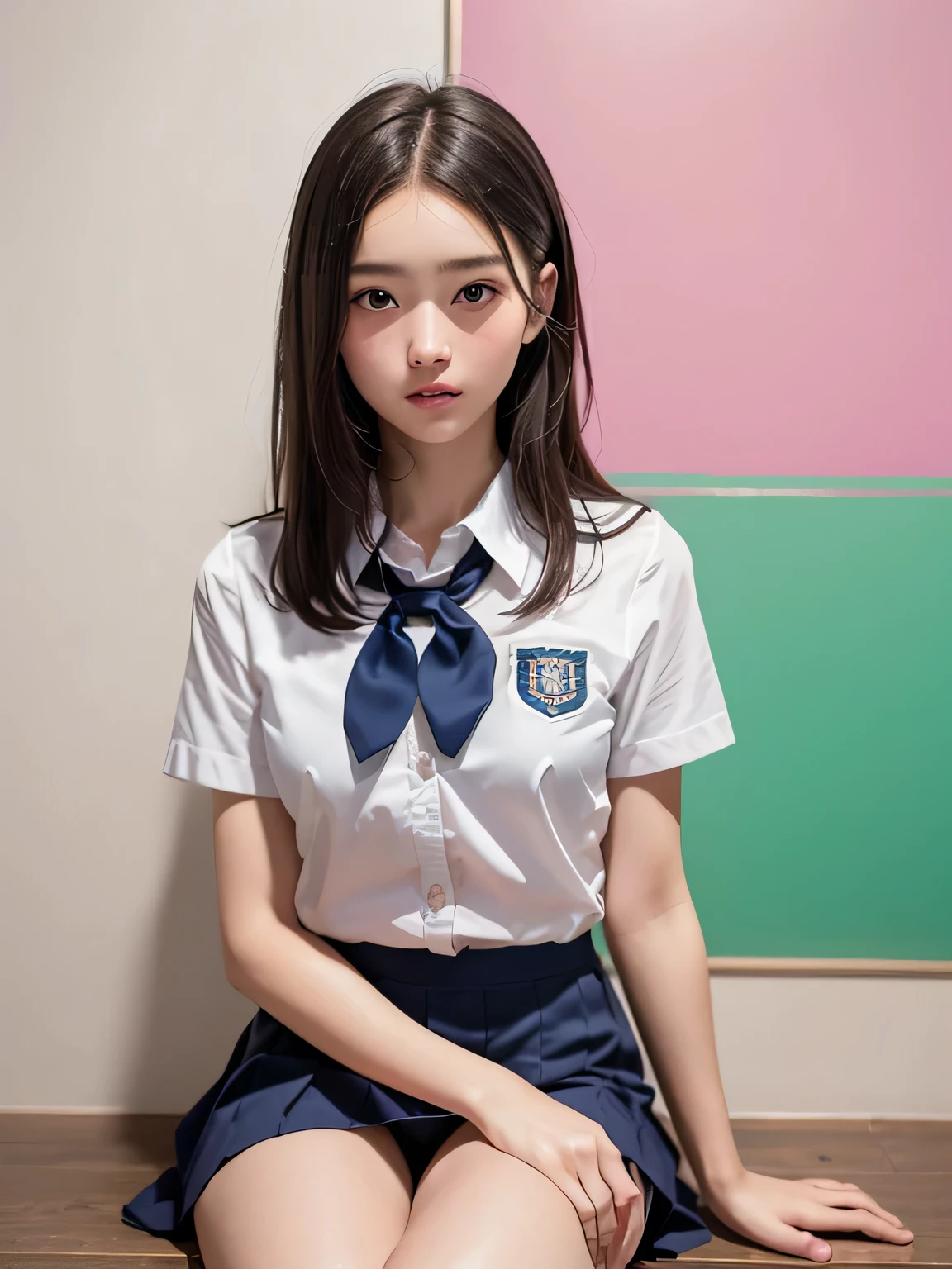 (masterpiece:1.3)、Very fine finish、(High resolution、8k:1.3)、highest quality、Beautiful Hands、Beautiful Hands指、(Ultra-realistic as a photo:1.3), Ultra High Resolution Face、The face is in focus、Ultra high definition and beautiful eyes、(Concentrated eyes:1.3)、(Eyes are symmetrical:1.3)、High quality and beautiful skin、Firm Skin、Natural Makeup、Gloss lips, Ultra HD Hair Texture、Japanese women、high school girl、18-year-old、(High School Uniform:1.3), very cute, Very short hair:1.2, (Sitting:1.3), Mid-chest, (Flip up the skirt、Small panties are visible from the skirt:1.1), Pink wall、 (Very embarrassed:1.3), (blush:1.3), (View Viewer:1.2)
