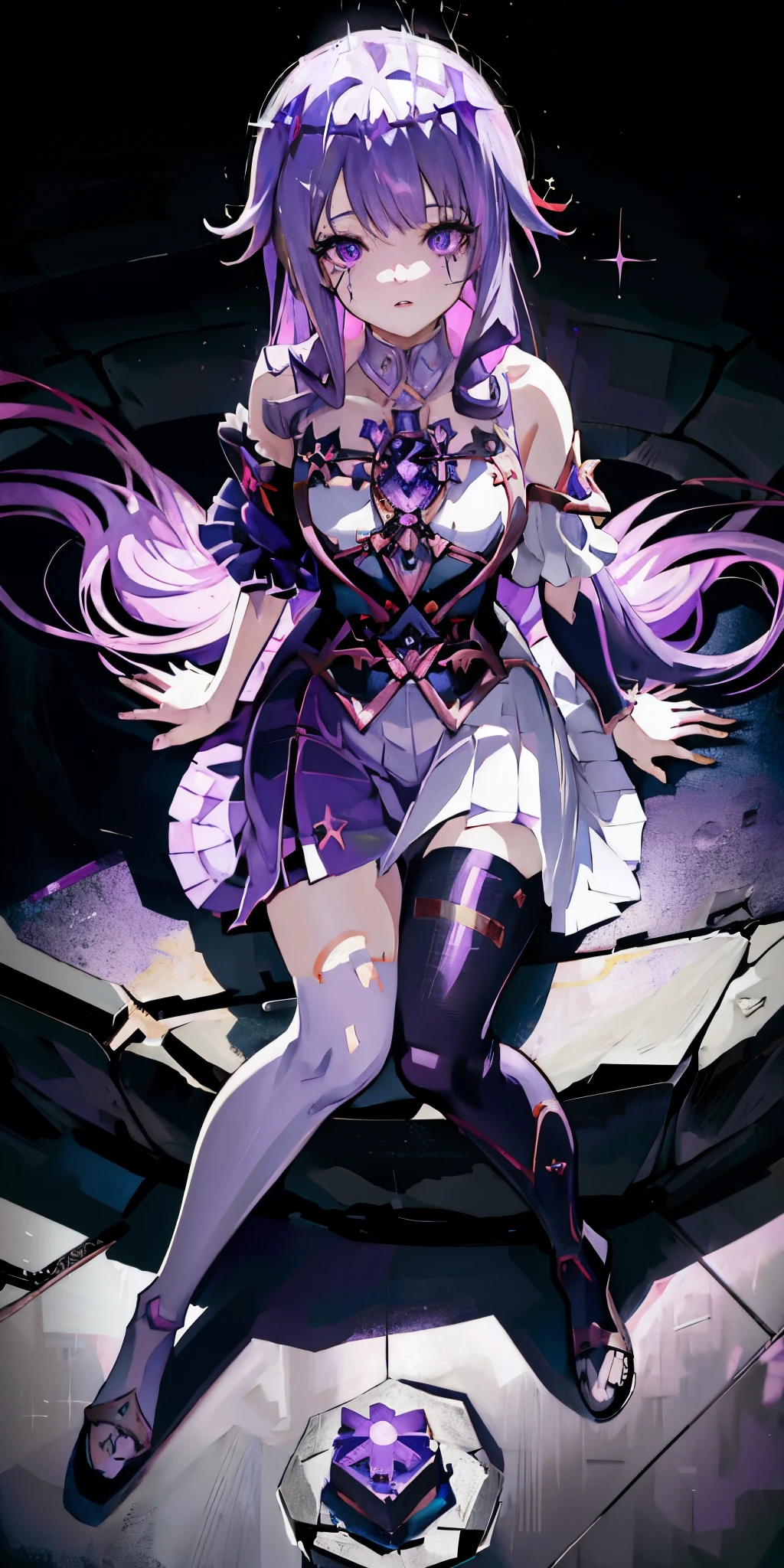 Anime girl with purple hair and purple skirt sitting on the stone floor, Ayaka Genshin Impact, ahegao, Satya from Overlord, Purple eyes and white clothes, Cute anime girl in a beautiful skirt, anime goddess, Maintain your posture, splash art anime , With sparkling purple eyes, kushatkrentz women in critical art