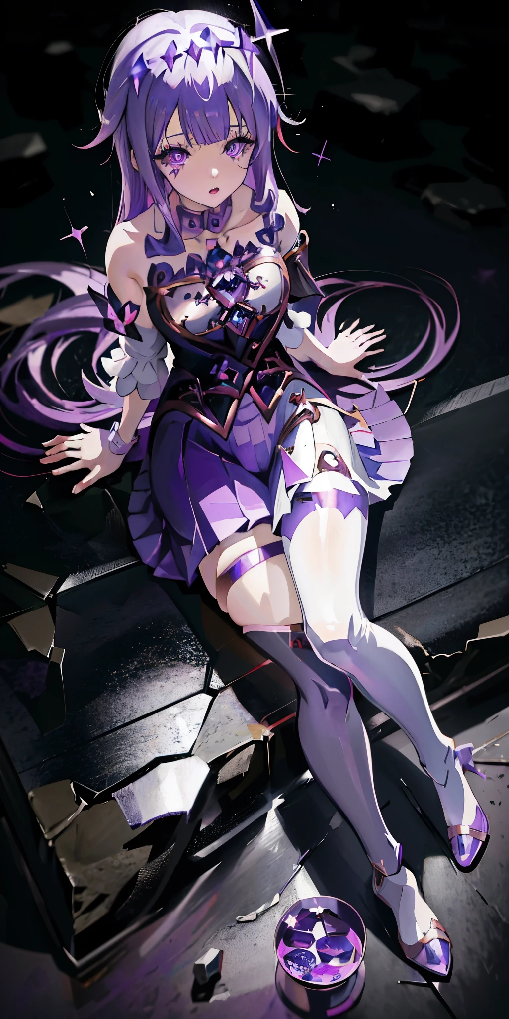 Anime girl with purple hair and purple skirt sitting on the stone floor, Ayaka Genshin Impact, ahegao, Satya from Overlord, Purple eyes and white clothes, Cute anime girl in a beautiful skirt, anime goddess, Maintain your posture, splash art anime , With sparkling purple eyes, kushatkrentz women in critical art