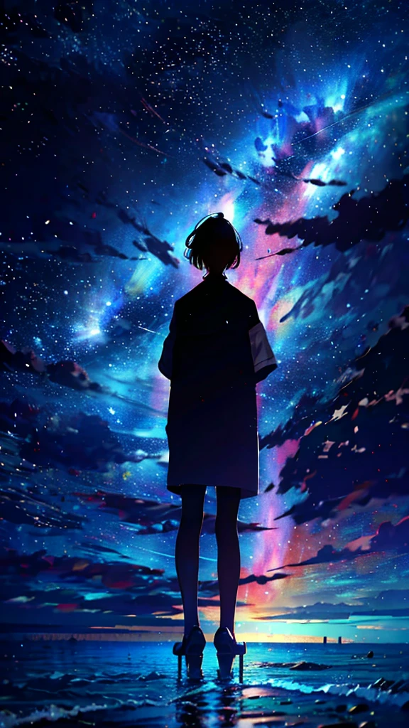 At night, Teenager standing by the sea,Looking up at the starry sky,Full body photo,delicated,nood
