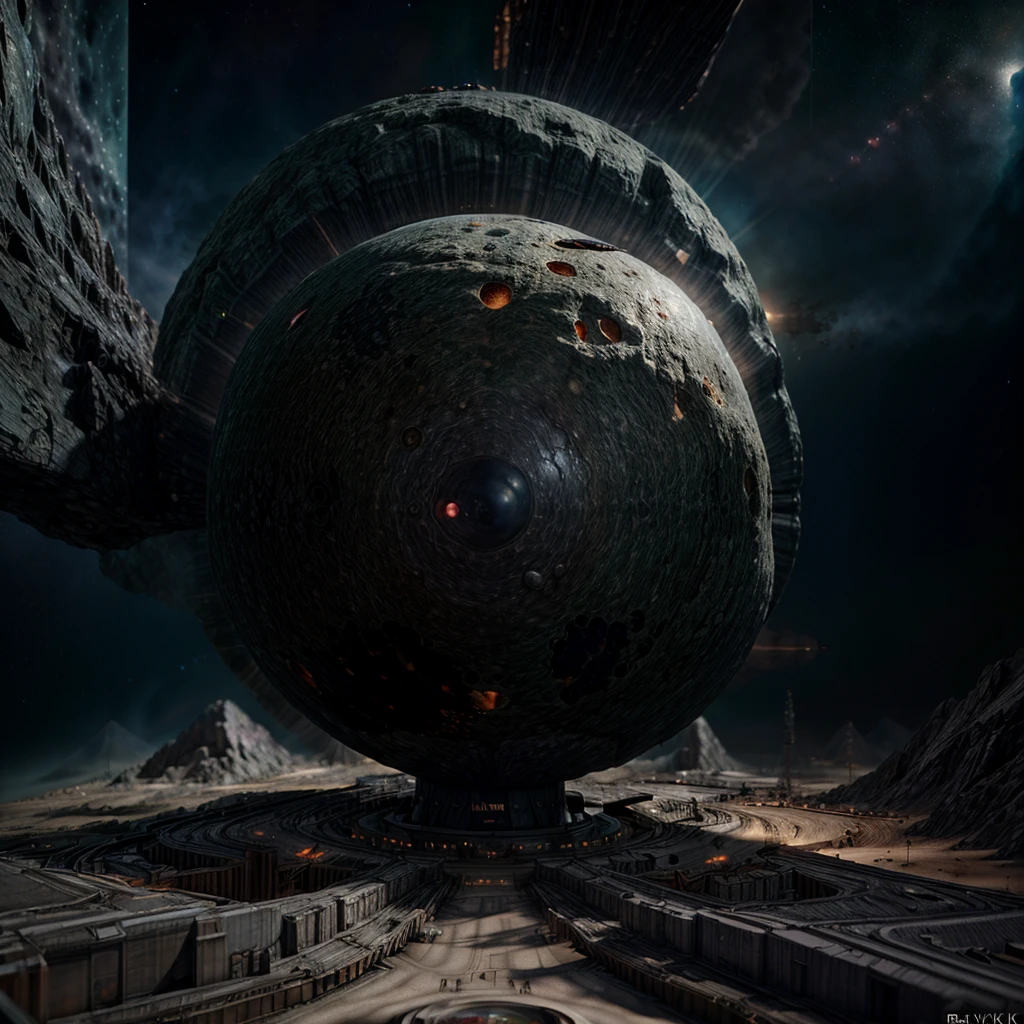Masterpiece, best quality, (highly detailed CG unity 8k wallpaper), (best quality), (best illustration), (best shadows), isometric 3D , octane rendering, ray tracing, highly detailed, far view of a large Asteroid with a Space pirates hidden base on top